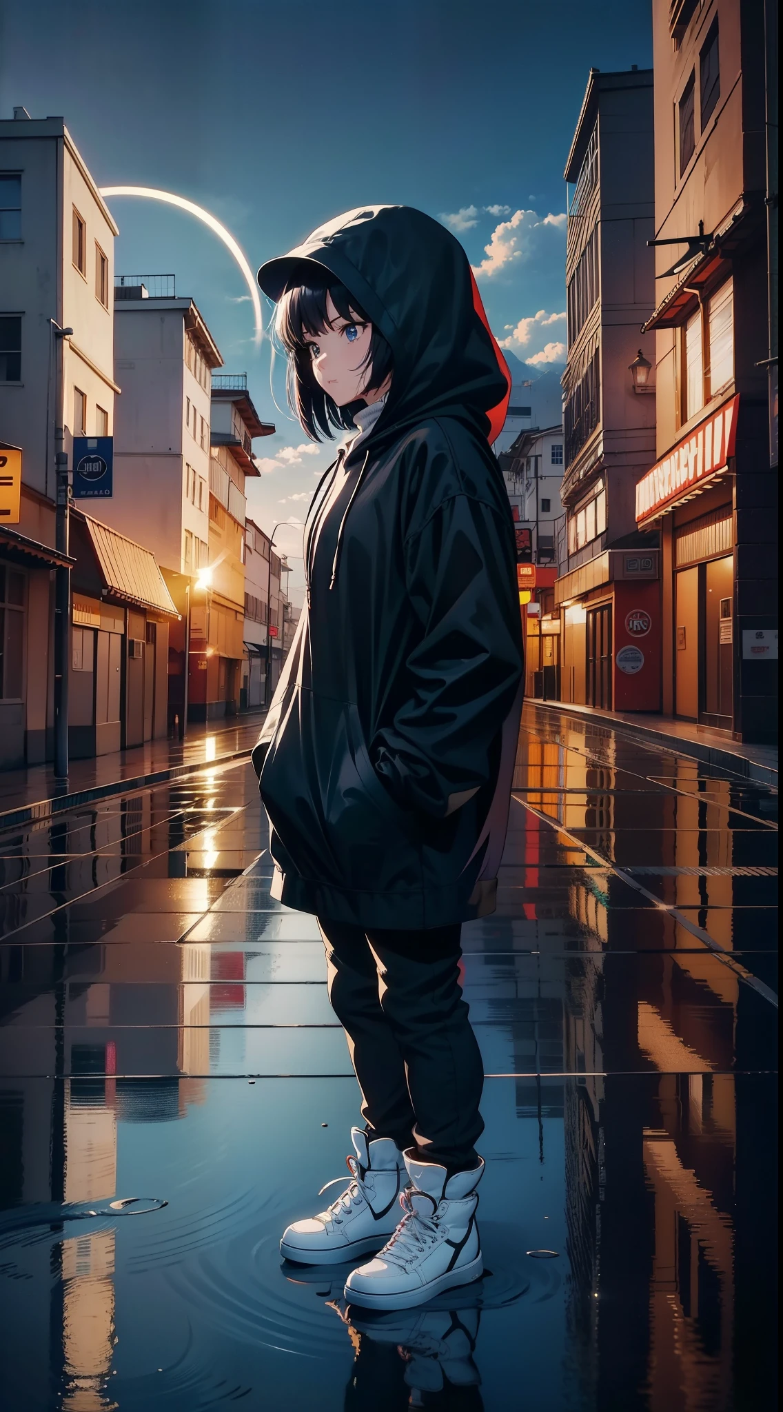 (best quality, 4k, 8k, highres, masterpiece:1.2), ultra-detailed, (anime: 1.2), a person in a hoodie standing alone in the middle of a wet street, surrounded by buildings, under a cloudy sky with the sun breaking through, creating reflections on the wet ground, masterpiece, cinematic angle, dynamic framing, 1990's vintage looking cel-shaded anime, by rumiko takahashi