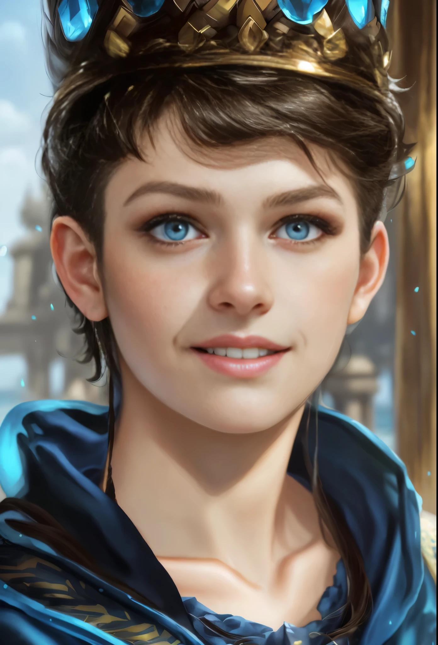High resolution, brunette girl, , bright yellow eyes, a pattern of stones on her face from forehead to temples, brunette, temples slightly shaved, long black hair pulled back in a ponytail, temples slightly shaved, dressed in a silk shirt and loose trousers, bright blue eyes, portrait, sea in the background, seagulls, realism, fantasy