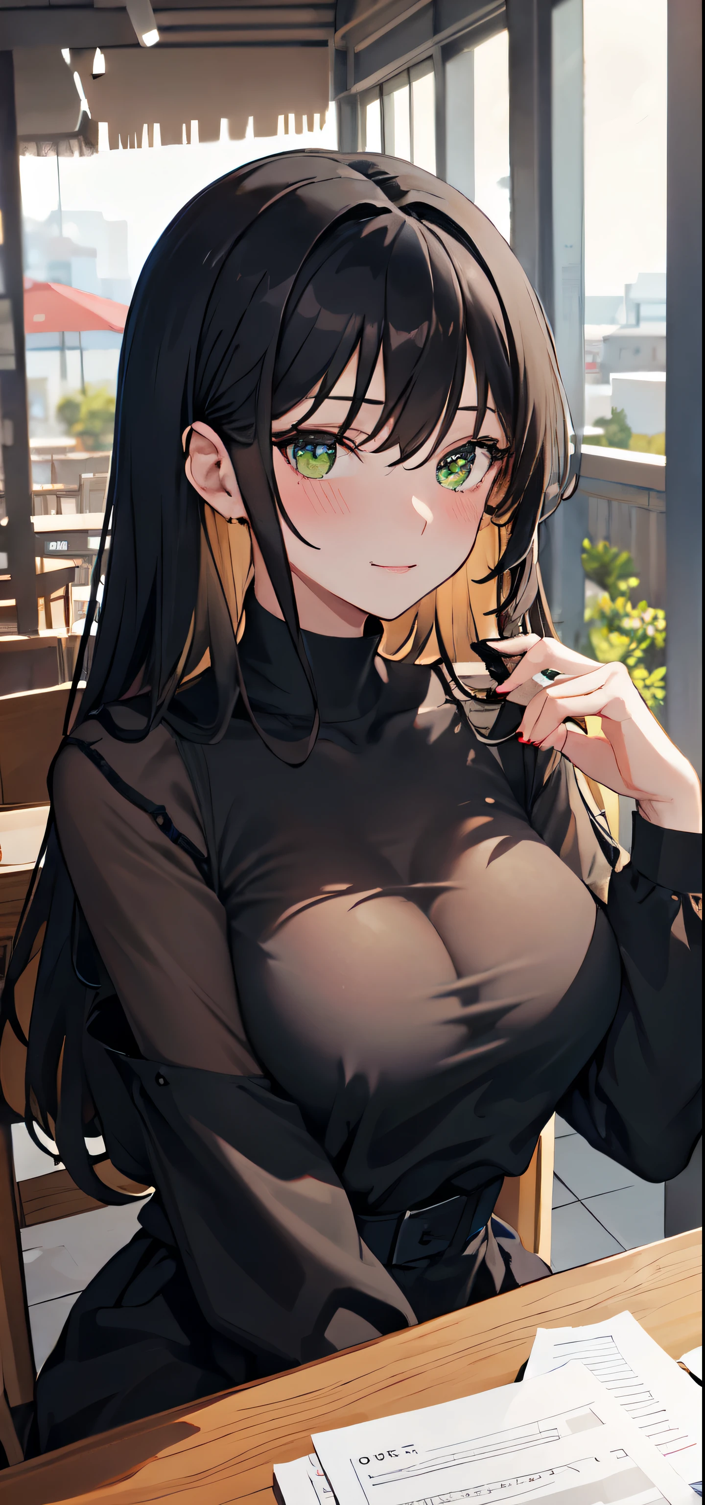 Date pov, front view, 1 girl, black silky hair, beautiful green eyes, nervous expression, nervous girl, cute, blushing, awkward smile, shy, cute, nervous, sitting across the viewer, , , goth shirt, black goth T-shirt, coffee on the table, table in front of girl, girl sitting across the viewer, date pov