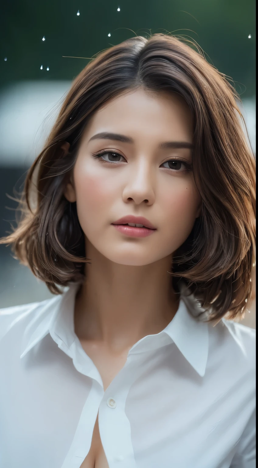 ((Best Quality, 8K, Masterpiece: 1.3)), Sharp: 1.2, Perfect Body Beauty: 1.4, Slim Abs: 1.2, ((Layered Hairstyle, Big Breasts: 1.2)), (Wet White Button Long Shirt: 1.1), (Rain, Street: 1.2), Wet: 1.5, Highly detailed face and skin texture, detailed eyes, double eyelids, side face looking at the camera