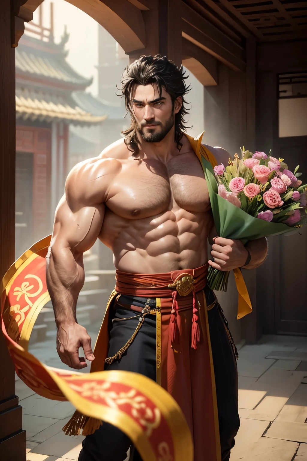 (best quality, 4k, 8k, highres, masterpiece:1.2),ultra-detailed,detailed face,realistic,
BREAK
FRED barbarian man with black hair, messy hair, blue eyes, slight beard, ferocious expression, strong build, intense gaze, veins bulging on his neck, 32 years old, height 185 cm, fit,
BREAK (detailed perfect fingers, perfect fingers, detailed perfect hands, perfect hands, detailed perfect face, perfect face), smile, good smile, big smile, happy, tall man, (classy clothes), (chinese clothes:0.9), holding a huge (((bouquet of flowers))),
BREAK
from distance, from front, from slightly below, ((full body shot)), (traditional chinese architecture), (tall man)