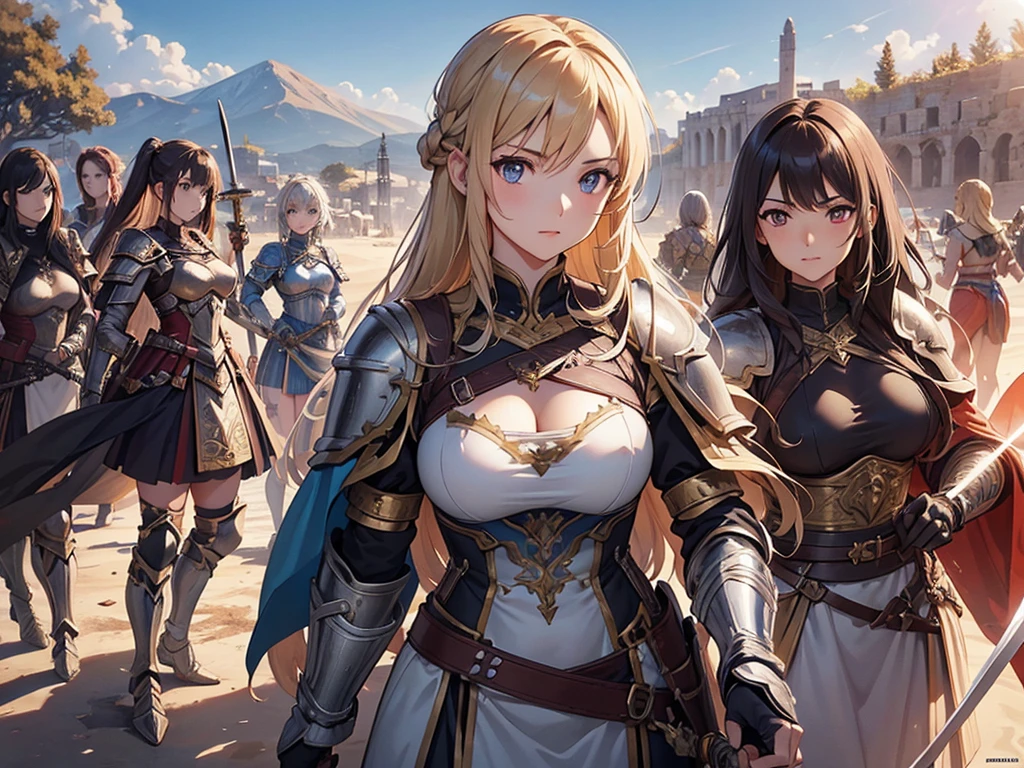 a group of Greek warrior women formed, armor, swords,holding, full body, four to five girls ,holding sword, holding weapon,(highly detailed girl), high detailed eyes and face, intense color, highly detailed fingers, intricate_details, CG, cute, beautiful, official art,