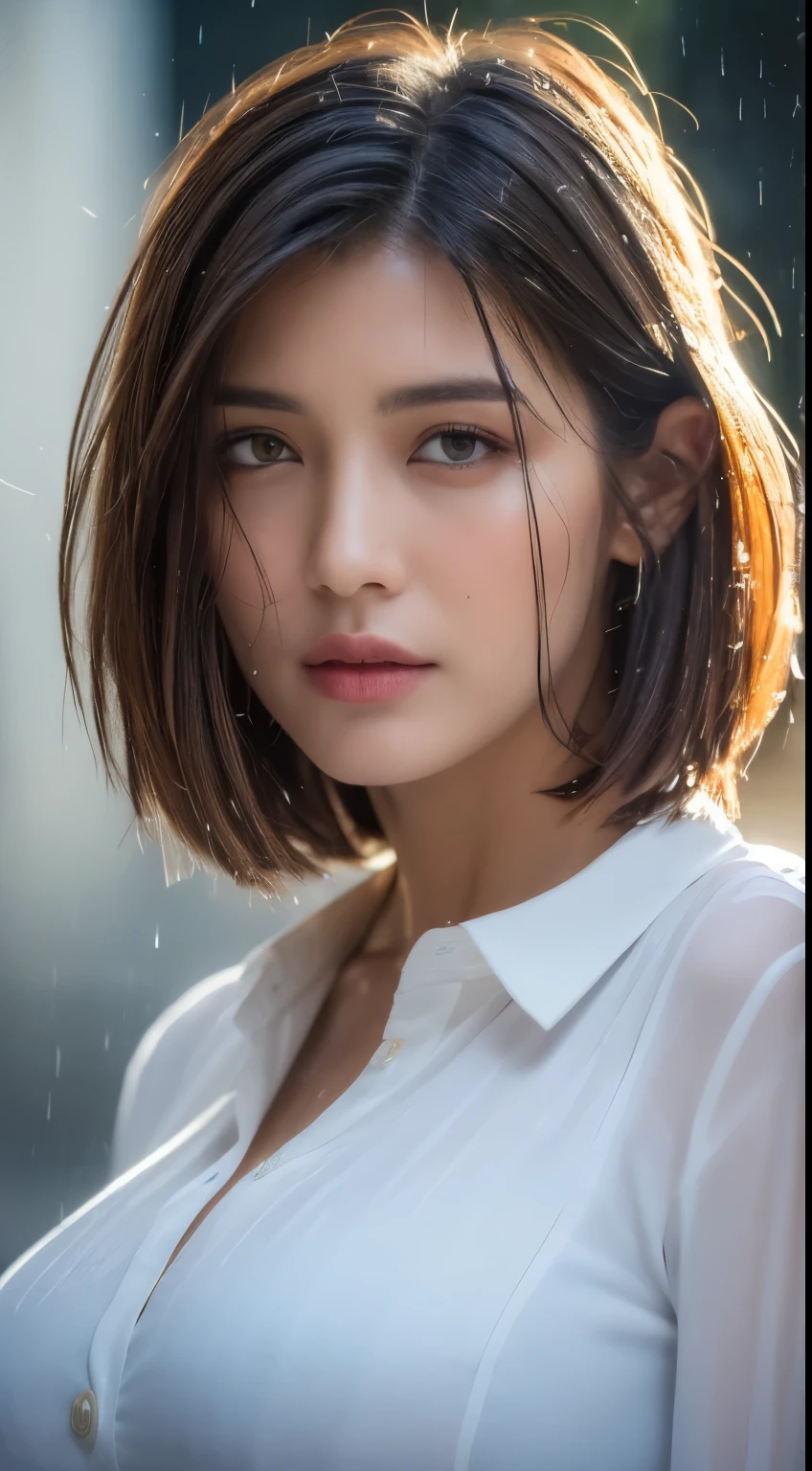 ((Best Quality, 8K, Masterpiece: 1.3)), Sharp: 1.2, Perfect Body Beauty: 1.4, Slim Abs: 1.2, ((Layered Hairstyle, Big Breasts: 1.2)), (Wet White Button Long Shirt: 1.1), (Rain, Street: 1.2), Wet: 1.5, Highly detailed face and skin texture, detailed eyes, double eyelids, side face looking at the camera