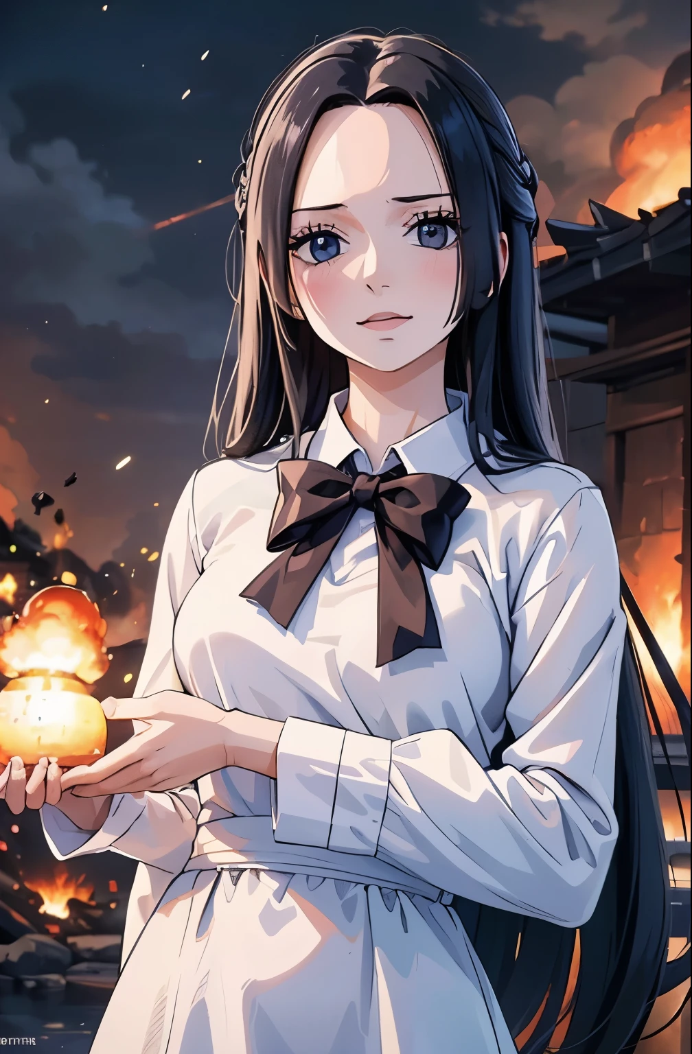 masterpiece, exquisite, illustration, {beautiful and meticulous girl}, beautiful and detailed halo, (fire of war: 1.2), (nuclear explosion behind: 1.3), rain, detailed lighting, detail water, (beautiful and detailed eyes: 1.1), expressionless, palace, sky blue hair, scattered hair, long bangs, eyebrows, (white-gray dress: 1.1), black ribbon, white bow tie, upper abdomen, big forehead, dull, flower, long sleeves