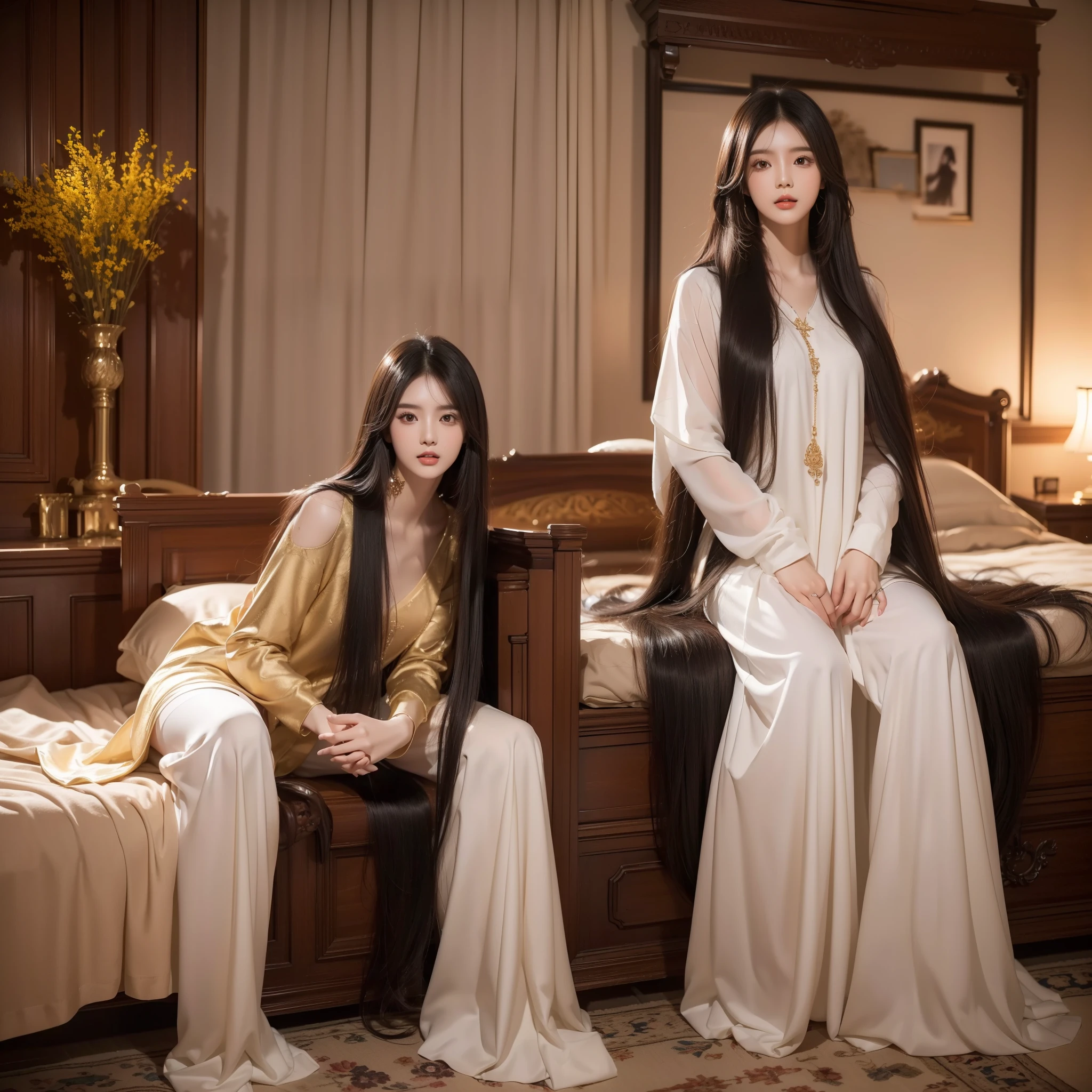 (best image quality、highest quality、highest resolution、Ultra-realistic photography、full body photo、masterpiece、16ｋ、）one girl。super ultra long hairの黒髪。Hair length is over 10 meters。Location is bedroom。super ultra long hair。Bassari and haircut。haircut hair。very short hair。