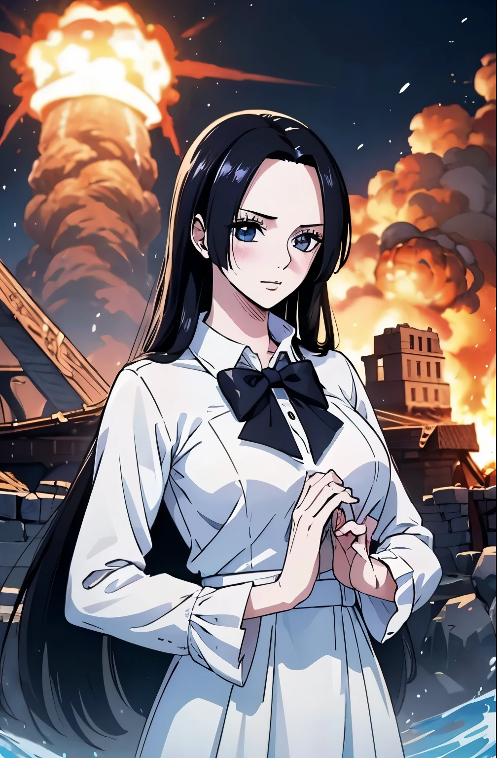 masterpiece, exquisite, illustration, {beautiful and meticulous girl}, beautiful and detailed halo, (fire of war: 1.2), (nuclear explosion behind: 1.3), rain, detailed lighting, detail water, (beautiful and detailed eyes: 1.1), expressionless, palace, sky blue hair, scattered hair, long bangs, eyebrows, (white-gray dress: 1.1), black ribbon, white bow tie, upper abdomen, big forehead, dull, flower, long sleeves