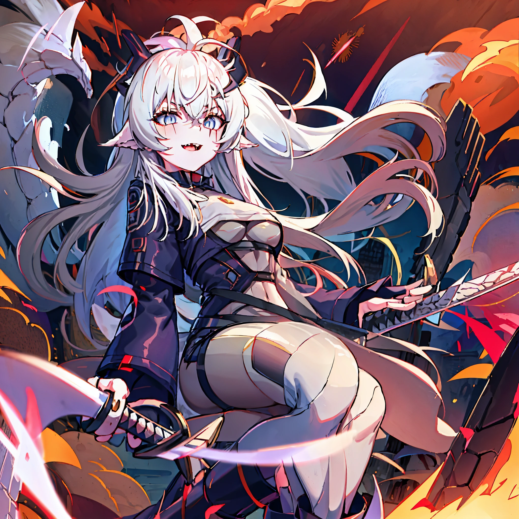 masterpiece, shoulder length white hair, female, 2 white fox ears, teenage girl, slime body, white scale dragon tail, military boots,black leggings, military combat pants, black T-shirt, white jacket open, medium size chest, detailed blue eyes,solo female,1 dragon tail, tomboyish, thick dragon tail, white scales, 2 dragon wings, white fluffy dragon wings, detailed face, holding a katana sword,very detailed, amazing details,solo female