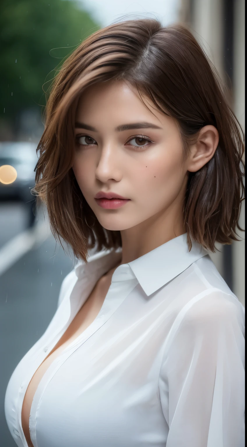 ((Best Quality, 8K, Masterpiece: 1.3)), Sharp: 1.2, Perfect Body Beauty: 1.4, Slim Abs: 1.2, ((Layered Hairstyle, Big Breasts: 1.2)), (Wet White Button Long Shirt: 1.1), (Rain, Street: 1.2), Wet: 1.5, Highly detailed face and skin texture, detailed eyes, double eyelids, side face looking at the camera