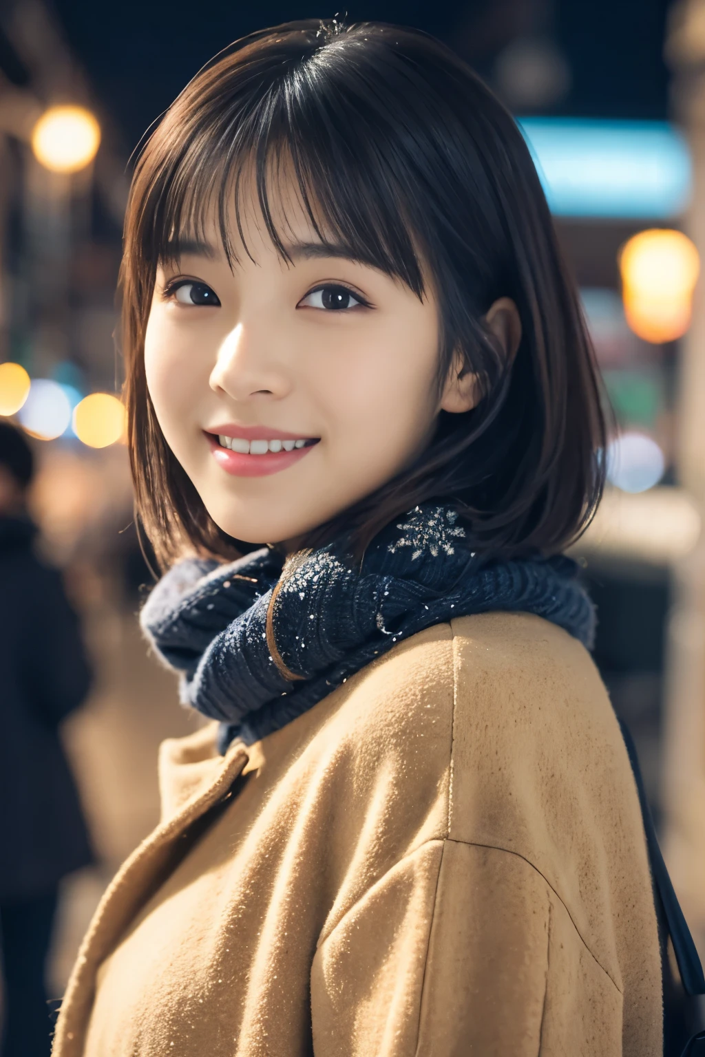 1 girl, (casual winter clothing:1.2), Beautiful Japan actress, (15 years old), short hair,
(RAW photo, highest quality), (realistic, Photoreal:1.4), masterpiece, 
very delicate and beautiful, very detailed, 2k wallpaper, wonderful, 
finely, very detailed CG Unity 8K 壁紙, Super detailed, High resolution, 
soft light, beautiful detailed girl, very detailed目と顔, beautifully detailed nose, beautiful and detailed eyes, cinematic lighting, 
break
(Against the backdrop of a snowy night cityscape 1.3), city lights, 
perfect anatomy, slender body, smile, Face the front completely, look at the camera