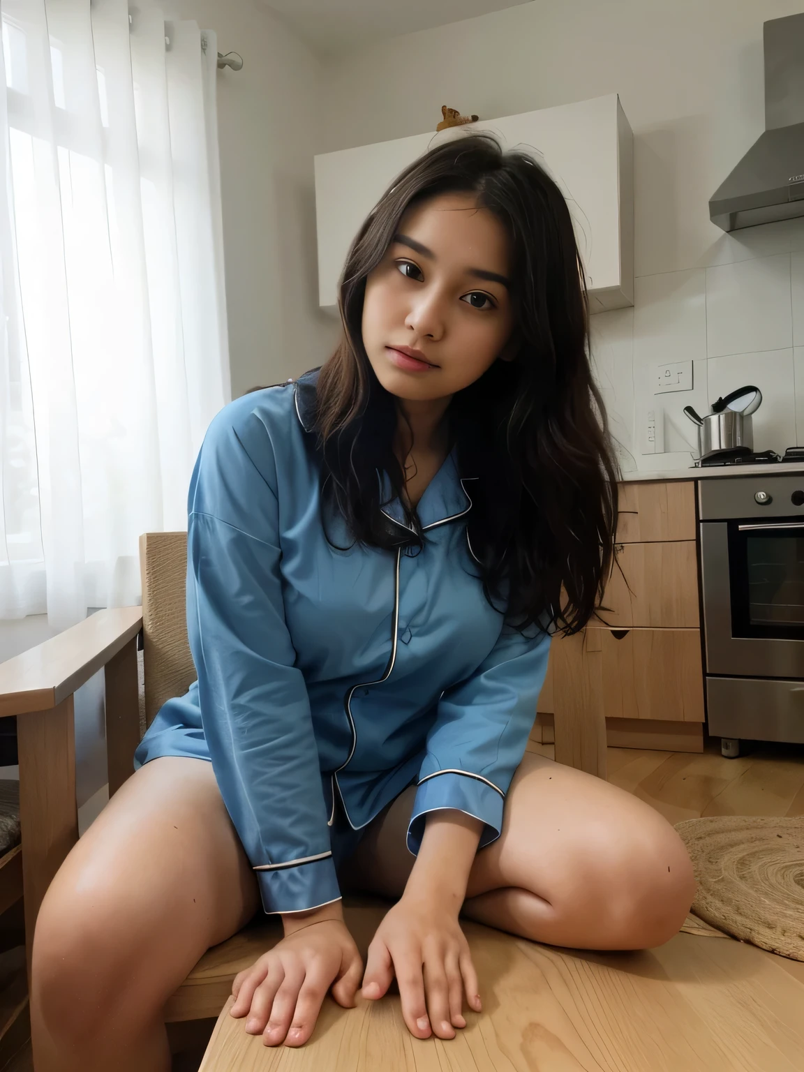 (extremely detailed, best quality) Zahra Ayu 23 years old 160cm 55kg wearing blue pajamas, short wavy hair. Bright face. sit in a chair in the kitcheb. Big breast jumbo. bright photo. Messy hair.