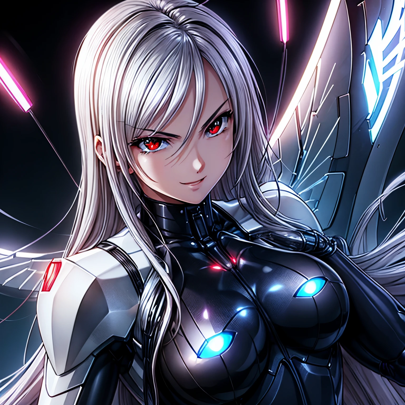 top-quality、​masterpiece、超A high resolution、(Photorealsitic:1.4)、1人、silver hair、Straight hair, shiny and clean hair、White shiny skin、Sexy Cyberpunk Girl、((super realistic details))、Shadow、octan render、ultrasharp、hyperdetailed face、Fiberglass、Luminous tube、highly intricate detail、Realistic light、CGSoation Trends、(red eyes with slit pupils)、(Facing the camera)、neon details、Mechanical limbs、Mechanical vertebrae attached to the back、mechanical cervical attaching to neck、Wires and cables connecting to the head、((valkyrie))、((Beam Cannon))、Combat stance、((seductive pose:0.8))、(light_Smile:1.0)、full body、