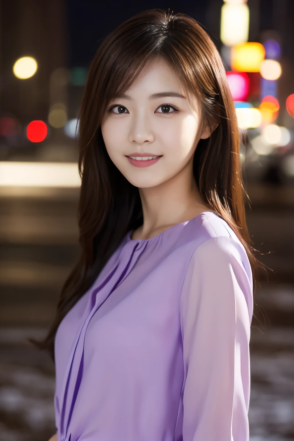 1 girl, (Wearing a purple blouse:1.2), beautiful japanese actress,
(RAW photo, highest quality), (realistic, Photoreal:1.4), masterpiece, 
very delicate and beautiful, very detailed, 2k wallpaper, wonderful, 
finely, very detailed CG Unity 8K 壁紙, Super detailed, High resolution, 
soft light, beautiful detailed girl, very detailed目と顔, beautifully detailed nose, beautiful and detailed eyes, cinematic lighting, 
break
(Against the backdrop of a snowy night cityscape 1.3), city lights, 
perfect anatomy, slender body, smile, Face the front completely, look at the camera