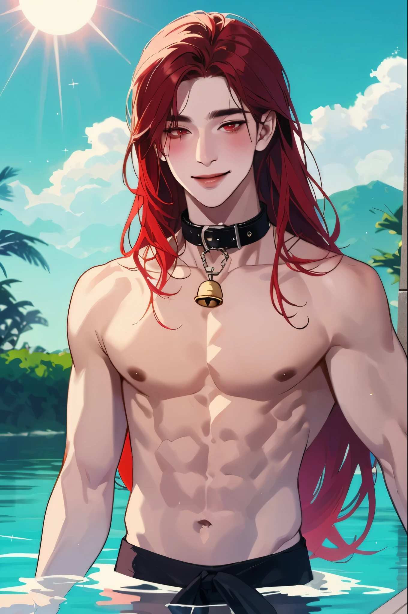 Man, (Solo), 18-years-old, red eyes,(Red long hair), (collar with bell), (smiling blush), (day), shirtless, (sun), (In the water), anime, Lake with butterfly background