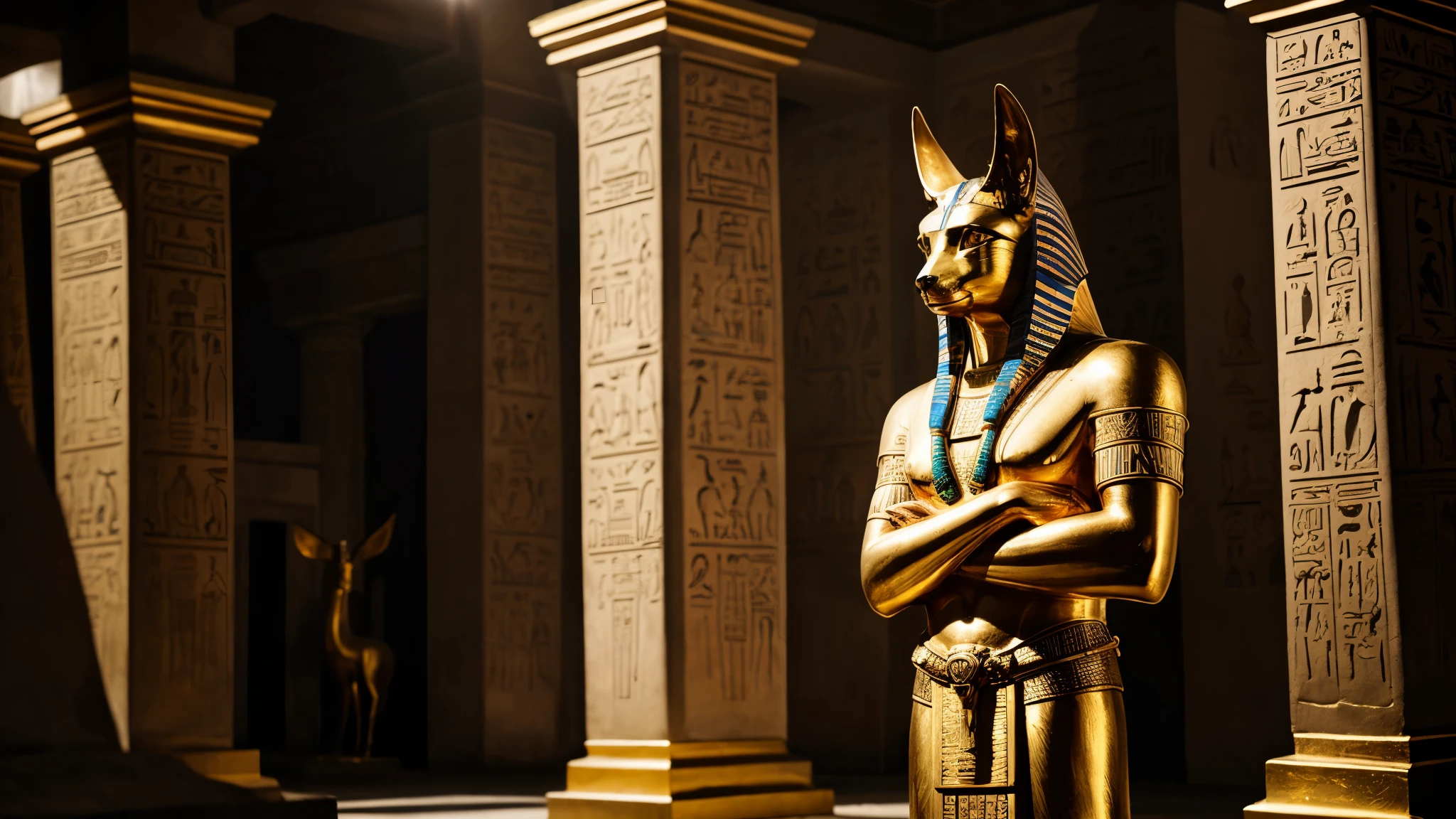 Statue of the god Anubis adorned with gold in the center of a temple in ancient Egypt, photorealistic, dramatic, cinematic, 4k resolution, hyperdetailed, dramatic scene,