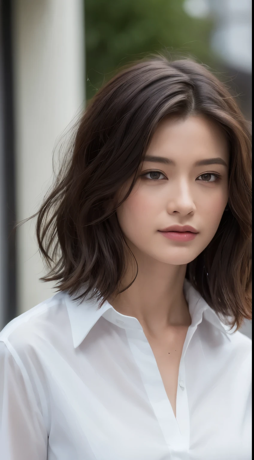 ((Best Quality, 8K, Masterpiece: 1.3)), Sharp: 1.2, Perfect Body Beauty: 1.4, Slim Abs: 1.2, ((Layered Hairstyle, Big Breasts: 1.2)), (Wet White Button Long Shirt: 1.1), (Rain, Street: 1.2), Wet: 1.5, Highly detailed face and skin texture, detailed eyes, double eyelids, side face looking at the camera