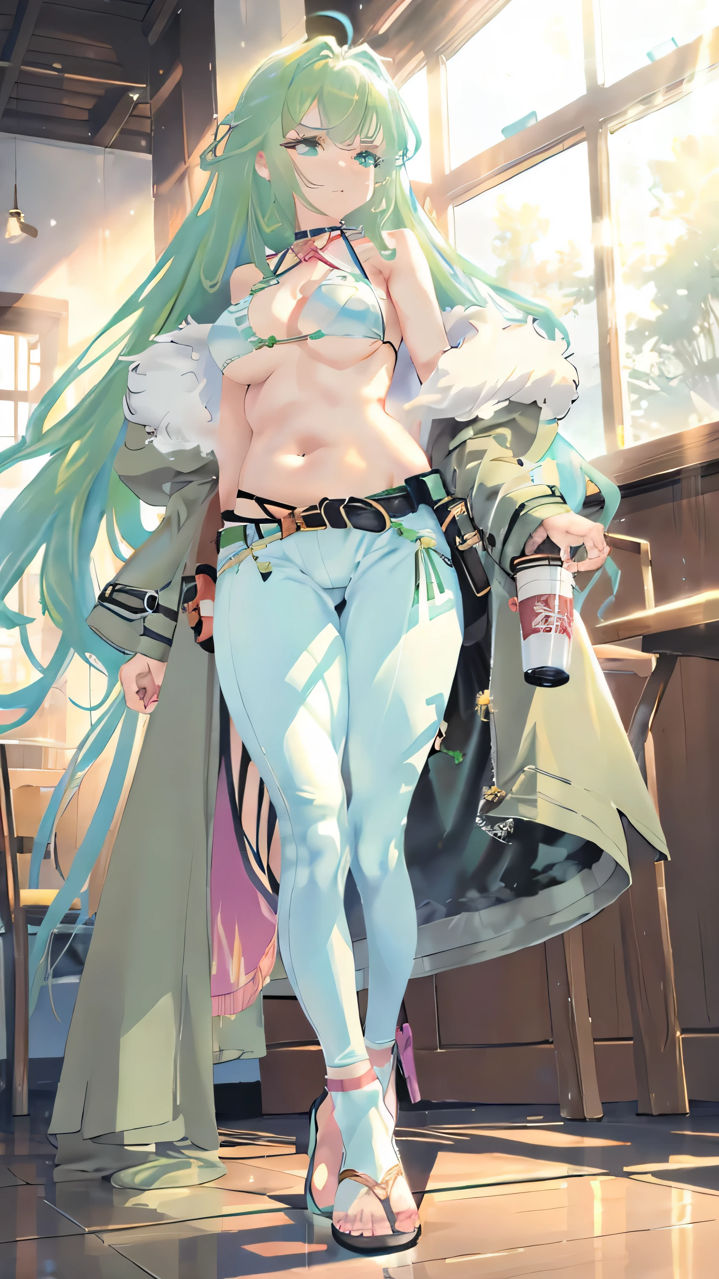 vast landscape photography , (See below, It shows the sky above and the fields below.), Seen from a distance, floor, a chair에 앉아 위를 올려다보는 소녀,a chair, (big ass, thick thighs:0.7), (window:1.2), (table:0.9) , Wood Break Production Art, (warm light source:1.2), (Cafe Background:1.3), intricate details, volumetric lighting, Realism BREAK(masterpiece:1.2), (top quality), 4K, ultra detail, (Dynamic configuration:1.4), Very detailed and colorful details,(Rainbow colors:1.2), (glowing lights, Atmospheric lighting), dreamy, magical, (alone:1.2), intricate details, (fat man, belly fat:1.5),1 belly button, Cheeky look, Sagging middle breasts, (green eyes:1.3), (Green long hair:1.5), (Green long coat with fur, Bikini in a long coat, tight pants, sandal, belt:1.5),