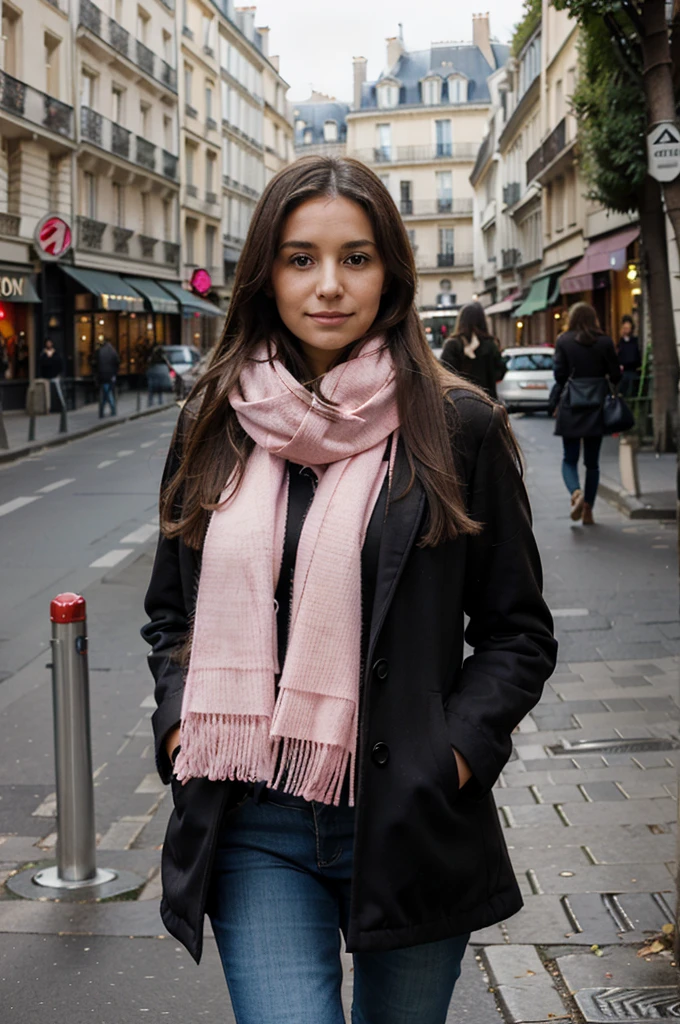 woman, long hair, pink fluffy scarf, 30 year old, french woman, in paris, beautiful, casually dressed