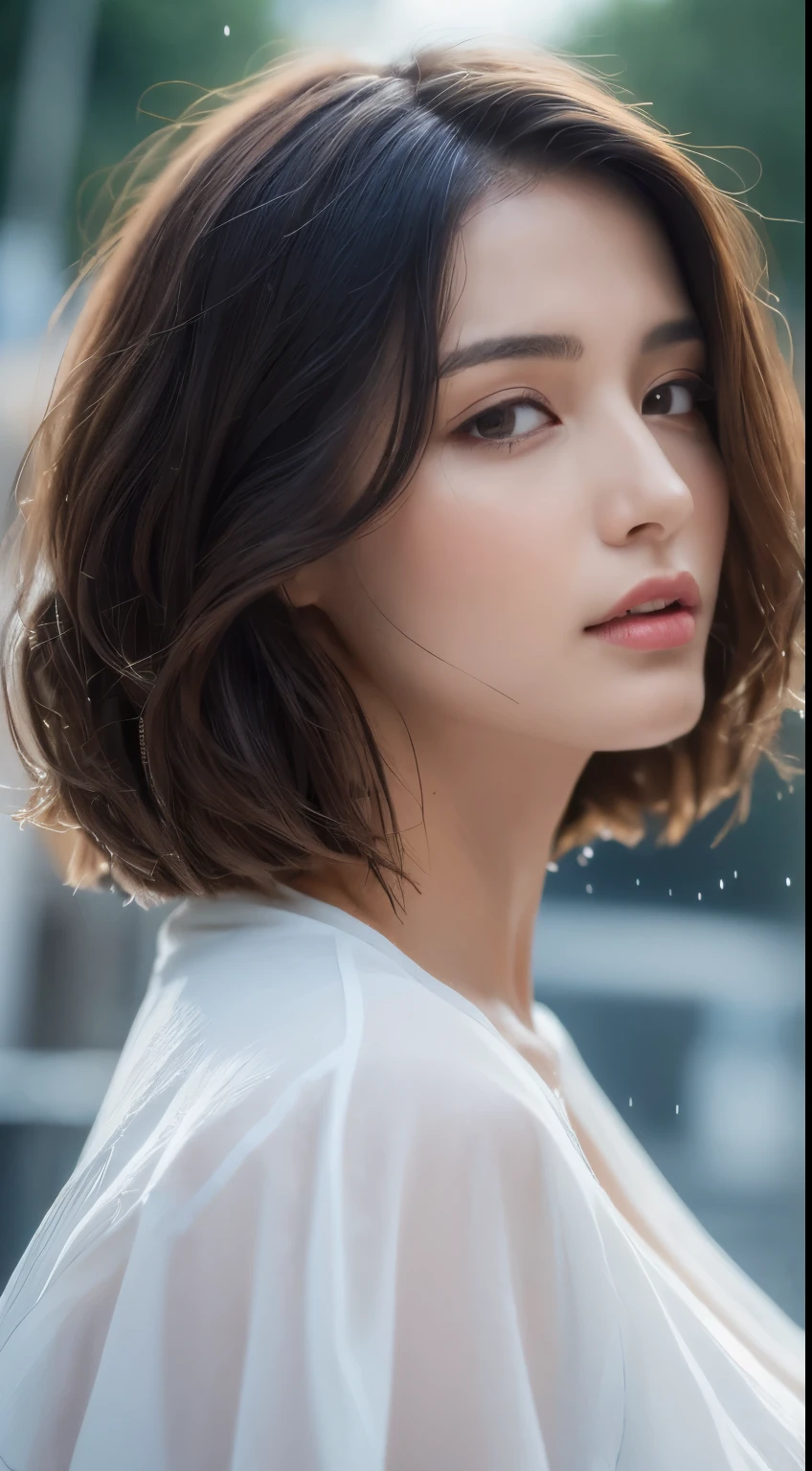 ((Best Quality, 8K, Masterpiece: 1.3)), Sharp: 1.2, Perfect Body Beauty: 1.4, Slim Abs: 1.2, ((Layered Hairstyle, Big Breasts: 1.2)), (Wet White Button Long Shirt: 1.1), (Rain, Street: 1.2), Wet: 1.5, Highly detailed face and skin texture, detailed eyes, double eyelids, side face looking at the camera