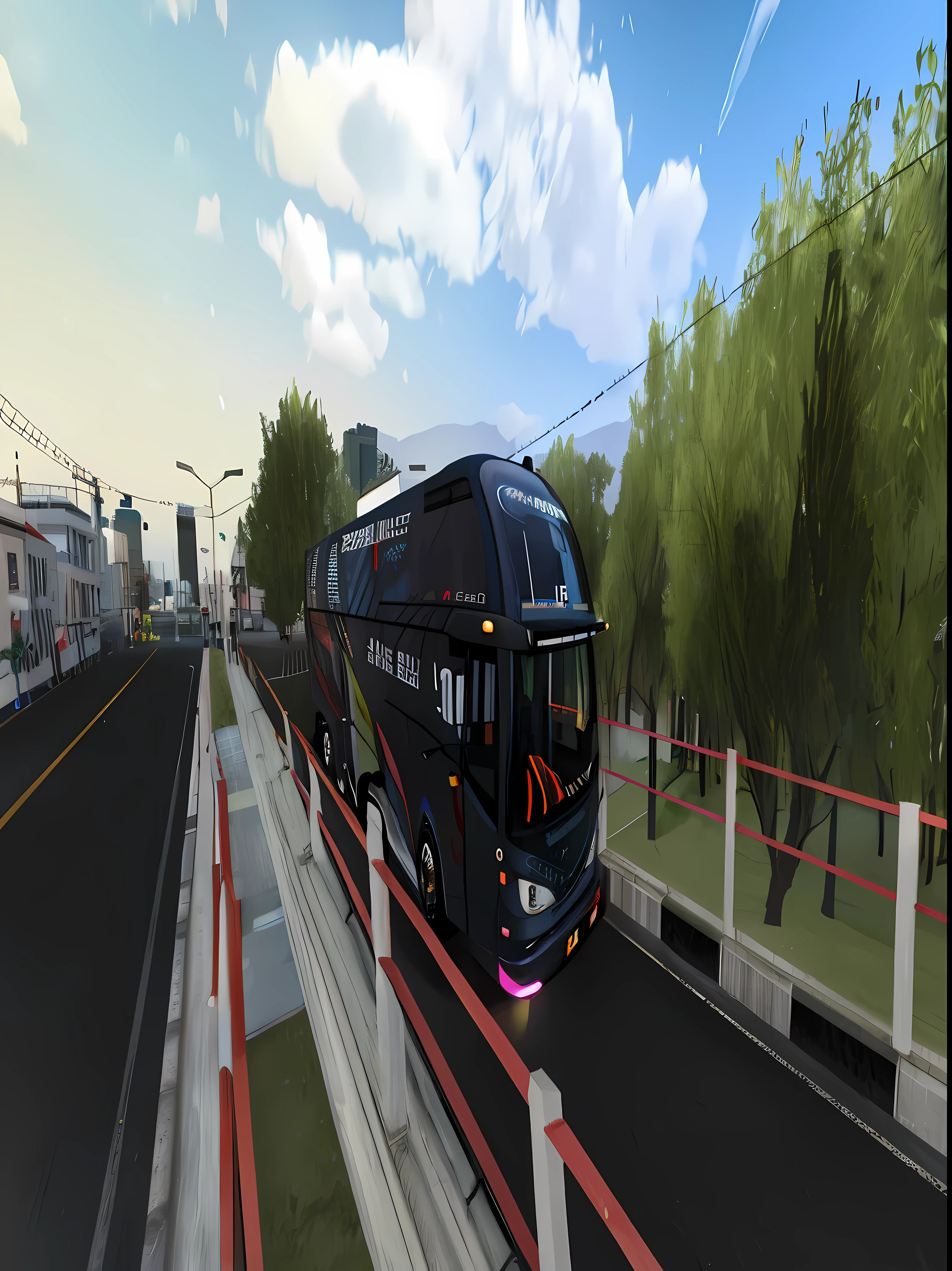 arafed bus on a road with a fence and trees in the background, public bus, bus, highly_detailed!!, unreal ungine 5, 8k!!, detailed!!, ssao 8 k, bussiere, 1 0 2 4 x 7 6 8, real engine 5, background blur, beautiful screenshot, buses, 8khdr, full device