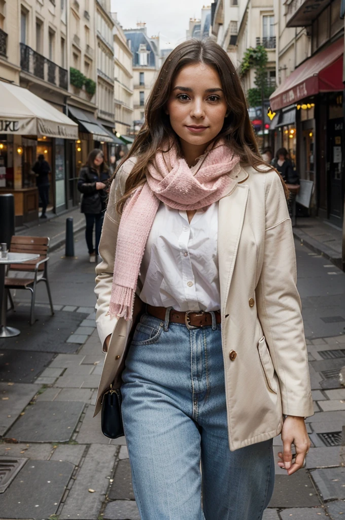 A beautiful 30-year-old French woman with long hair, casually dressed, is seen in Paris. She is wearing a pink fluffy scarf that adds a touch of warmth and elegance to her overall look. The woman radiates confidence and charm as she strolls through the streets of Paris. The sunlight gently illuminates her face, highlighting her flawless features and giving her an ethereal glow. The streets of Paris provide a picturesque backdrop, with iconic landmarks such as the Eiffel Tower and quaint cafes lining the streets. The woman's vibrant personality is reflected in her choice of outfit, which combines Parisian chic with a hint of bohemian flair. The scene is filled with a sense of romance and timeless beauty, capturing the essence of the City of Love. The image quality is of the highest caliber, with ultra-detailed features and sharp focus. The colors are vivid and vibrant, adding depth and richness to the overall composition. The lighting is carefully orchestrated, casting a warm and inviting glow that enhances the atmosphere of the scene. The artwork is reminiscent of a classic oil painting, paying homage to the artistic heritage of Paris.