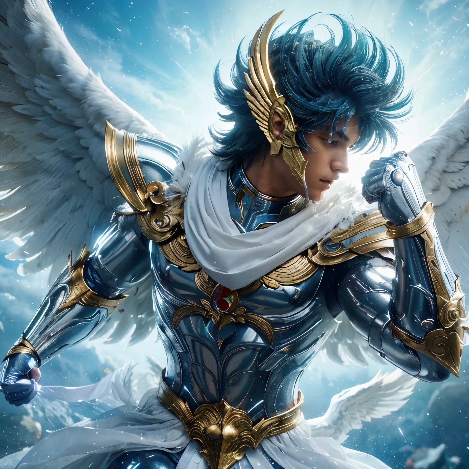 A photorealistic pegasus saint seiya, He wears the Pegasus Cloth, one of the 88 sacred armors that protect the Saints, and uses the Pegasus Meteor Fist, a powerful technique that unleashes a barrage of punches at the speed of light. (8K, best quality:1.2), (masterpiece:1.37), (high sharpness) Masterpiece, best quality, (highly detailed photo:1.1)