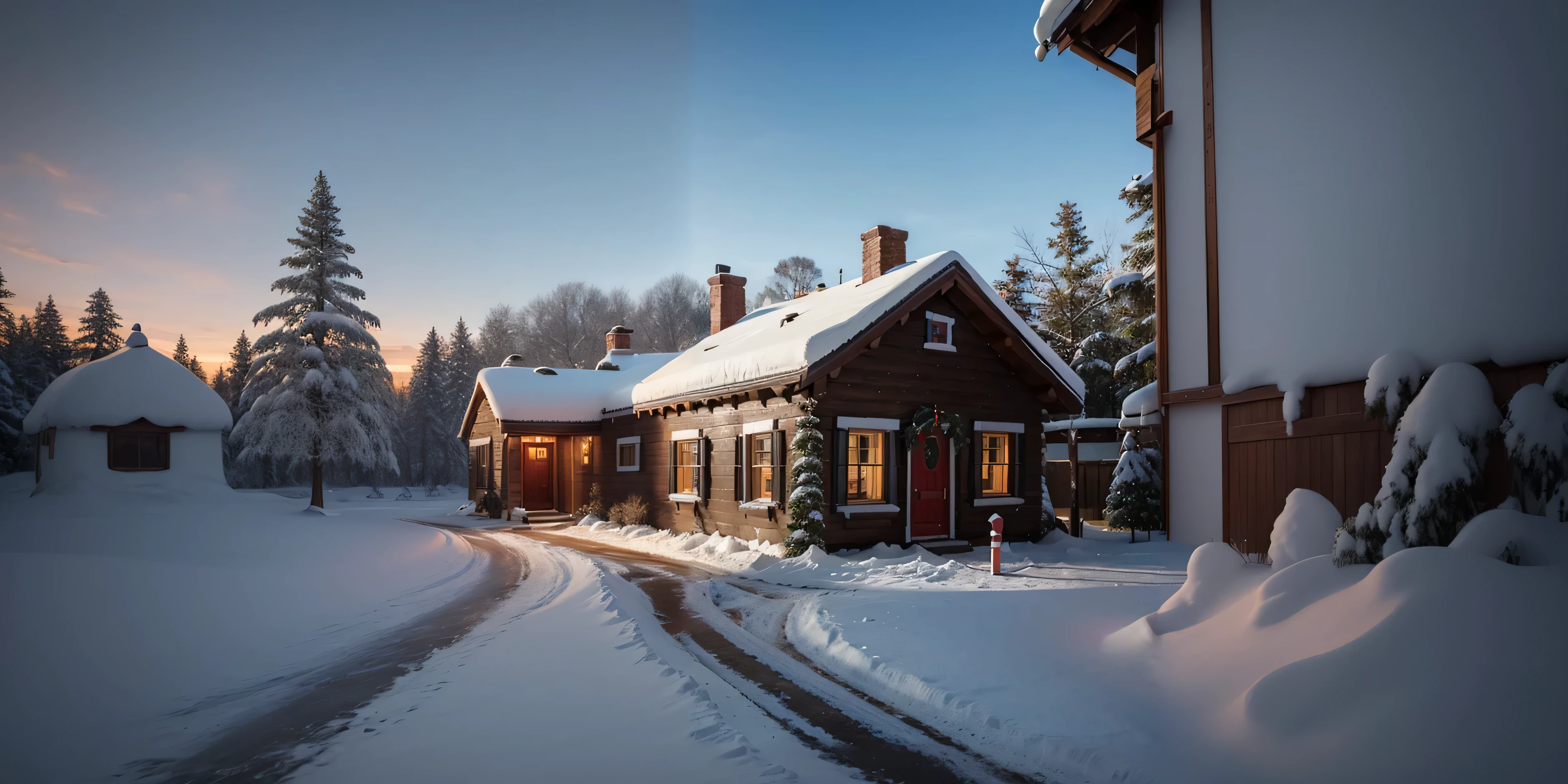 Exterior view of Santa's house. Ultra realistic photographic image, award-winning photography