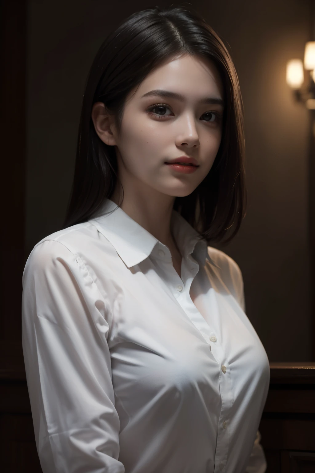 highest quality, masterpiece, (realistic:1.4), 1 girl, light smile, collared shirt, Upper body, dramatic lighting, from below,naked,No correction