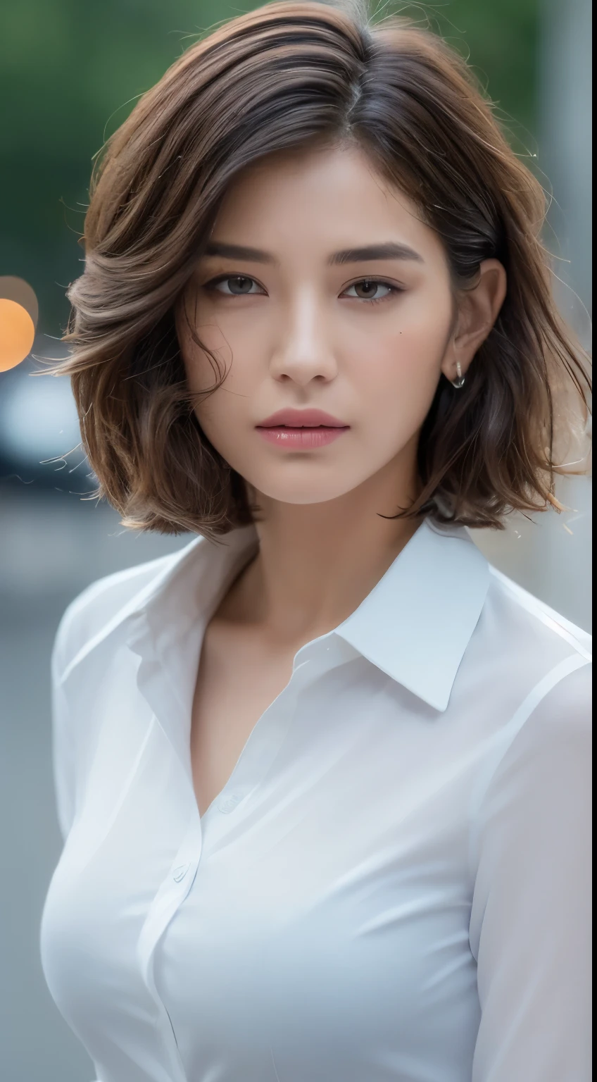 ((Best Quality, 8K, Masterpiece: 1.3)), Sharp: 1.2, Perfect Body Beauty: 1.4, Slim Abs: 1.2, ((Layered Hairstyle, Big Breasts: 1.2)), (Wet White Button Long Shirt: 1.1), (Rain, Street: 1.2), Wet: 1.5, Highly detailed face and skin texture, detailed eyes, double eyelids, side face looking at the camera