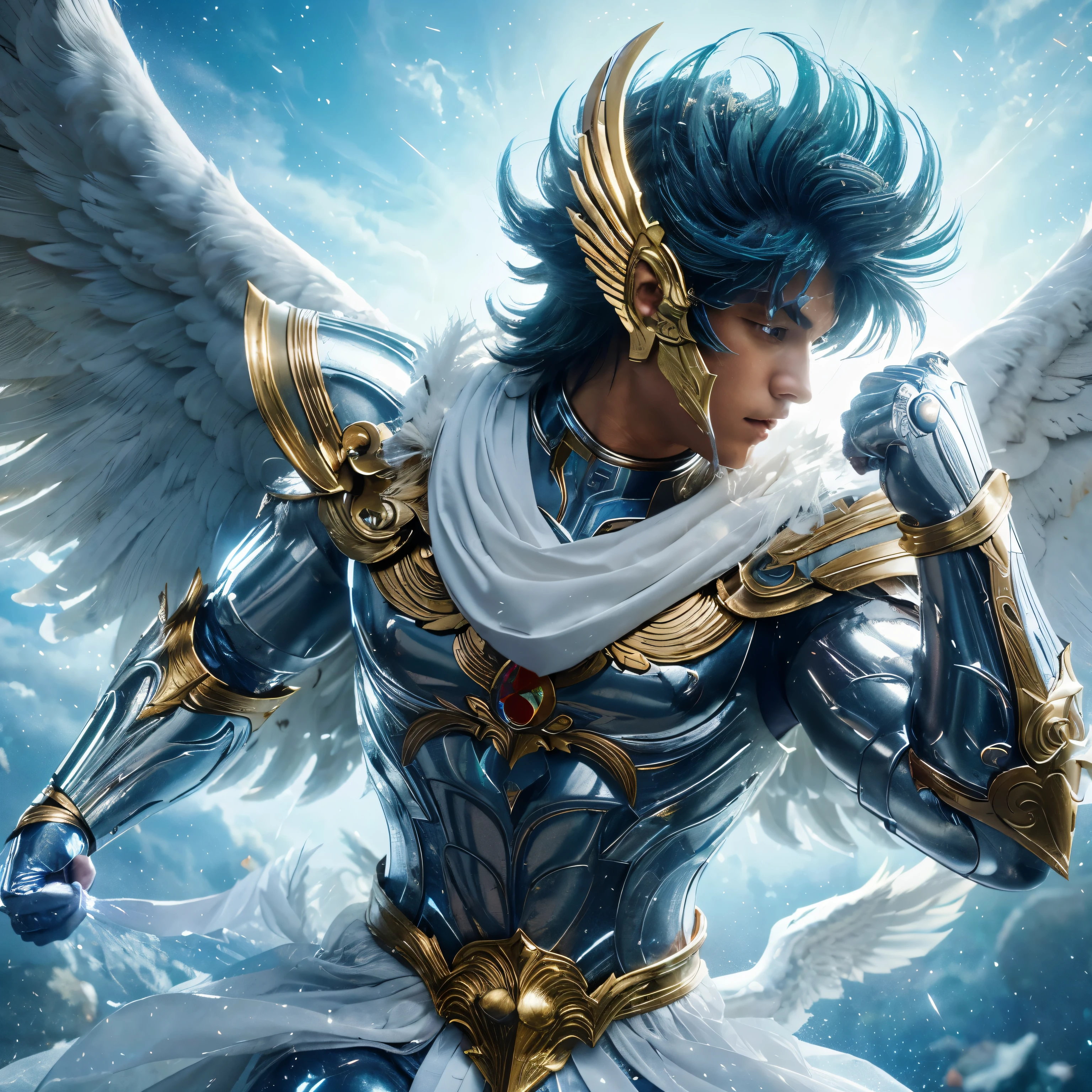 A photorealistic pegasus saint seiya, He wears the Pegasus Cloth, one of the 88 sacred armors that protect the Saints, and uses the Pegasus Meteor Fist, a powerful technique that unleashes a barrage of punches at the speed of light. (8K, best quality:1.2), (masterpiece:1.37), (high sharpness) Masterpiece, best quality, (highly detailed photo:1.1)