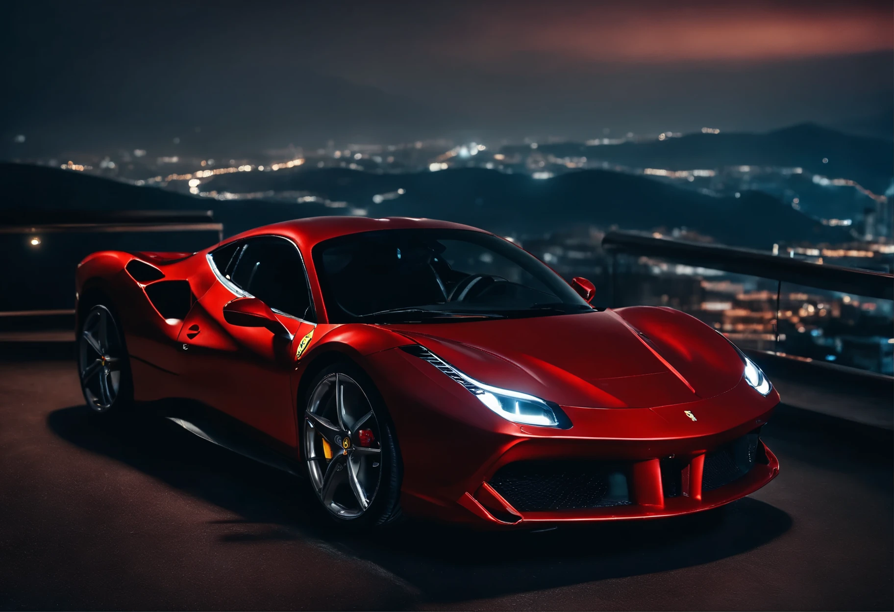 (Best quality, 8k, Masterpiece :1.2), hyper realistic, cyberpunk, at a mountain, an detailed red Ferrari 488, (Facing the audience), The blue skyscraper in the background, at night,