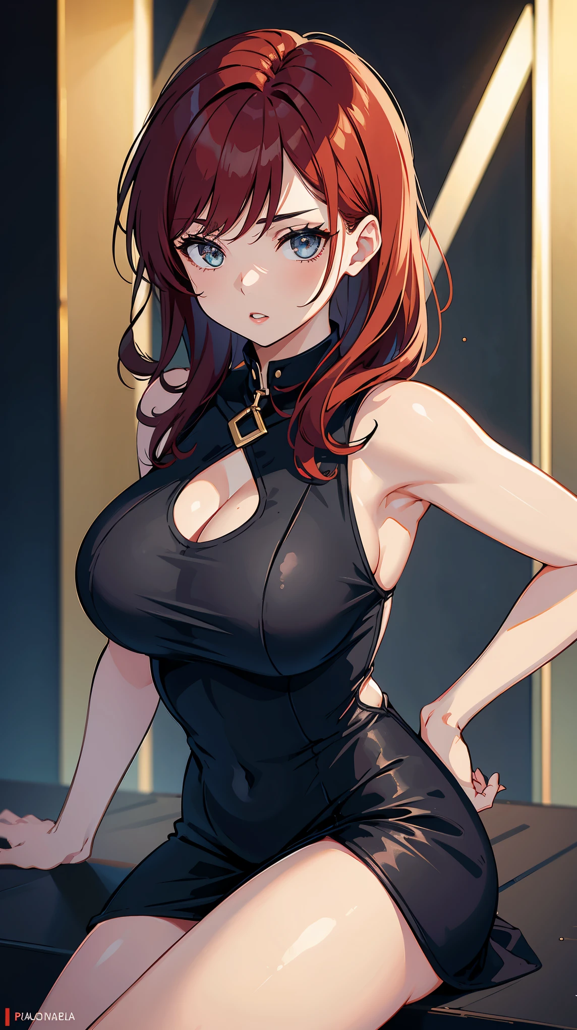 1woman, parted lips, black dress, red hair, sleeveless, large breasts