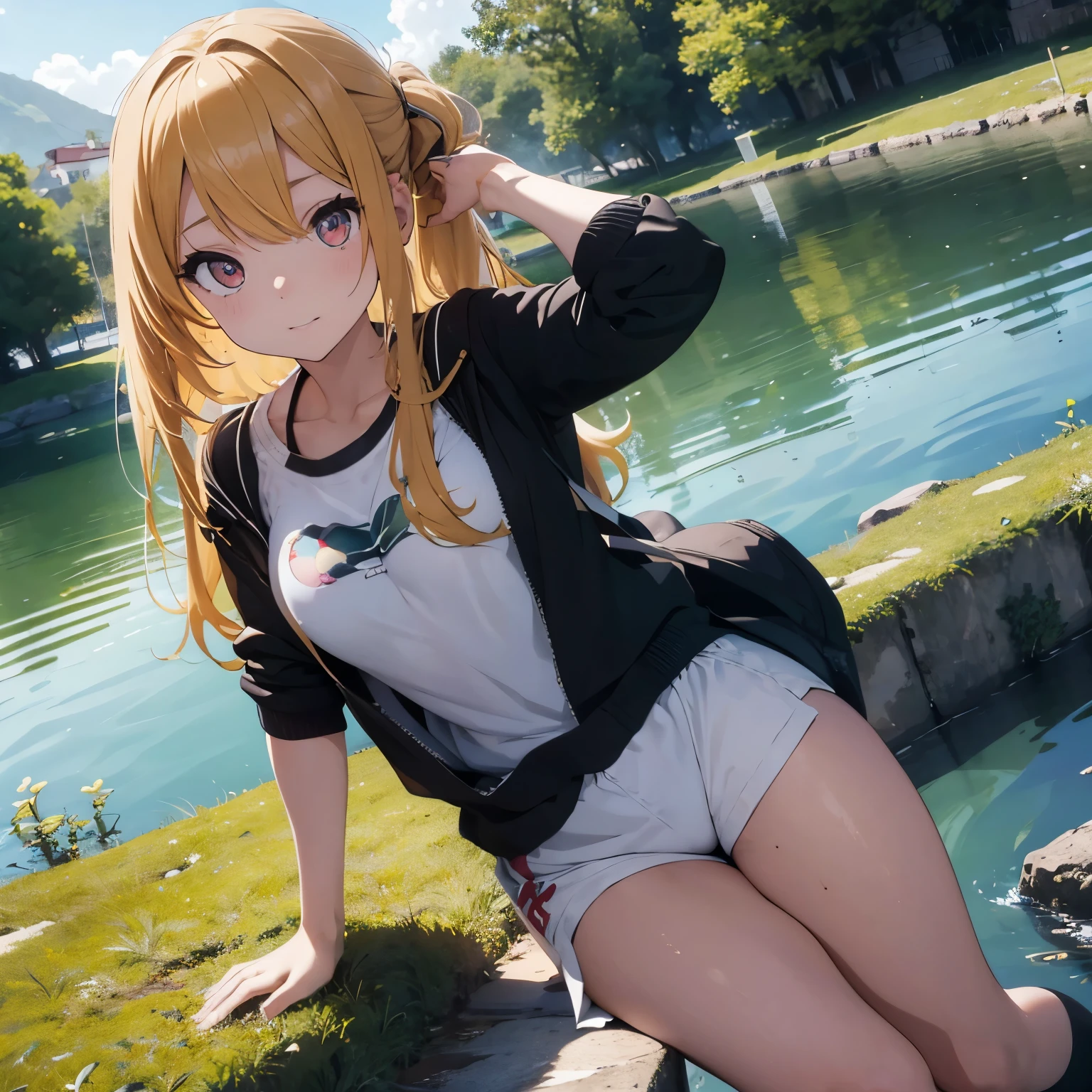 chica anime con grandes pechos rubia con ojos verdes desnuda en un lago