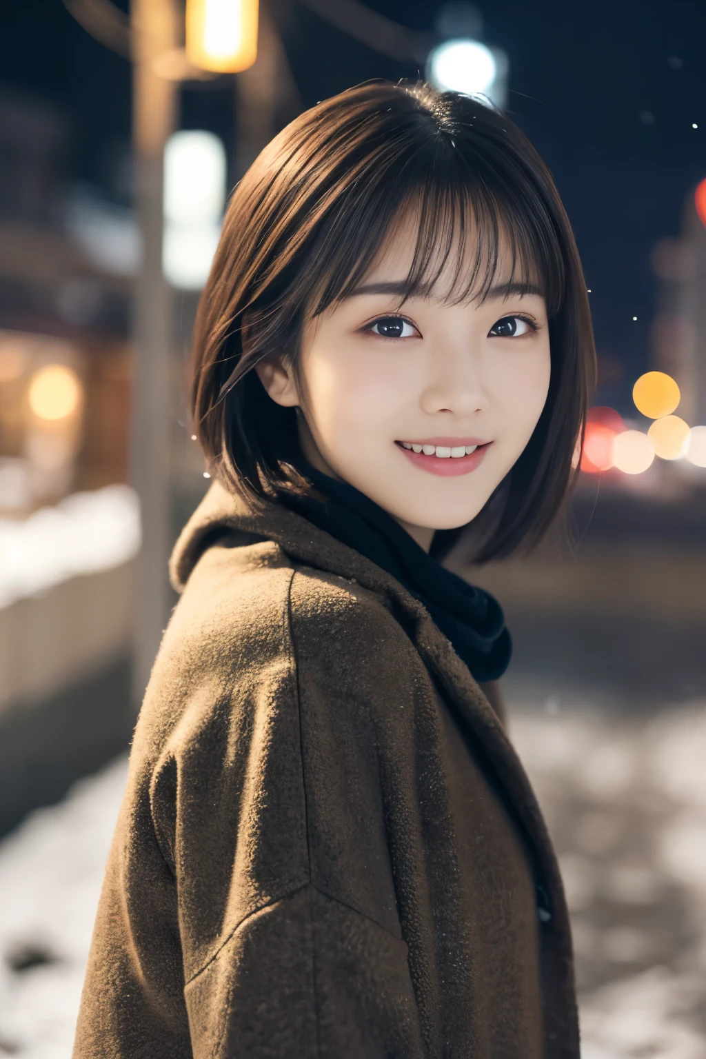 1 girl, (casual winter clothing:1.2), Beautiful Japan actress, (), short hair,
(RAW photo, highest quality), (realistic, Photoreal:1.4), masterpiece,
very delicate and beautiful, very detailed, 2k wallpaper, wonderful,
finely, very detailed CG Unity 8K 壁紙, Super detailed, High resolution,
soft light, beautiful detailed girl, very detailed目と顔, beautifully detailed nose, beautiful and detailed eyes, cinematic lighting,
break
(Against the backdrop of a snowy night cityscape 1.3), city lights,
perfect anatomy, slender body, smile, Face the front completely, look at the camera