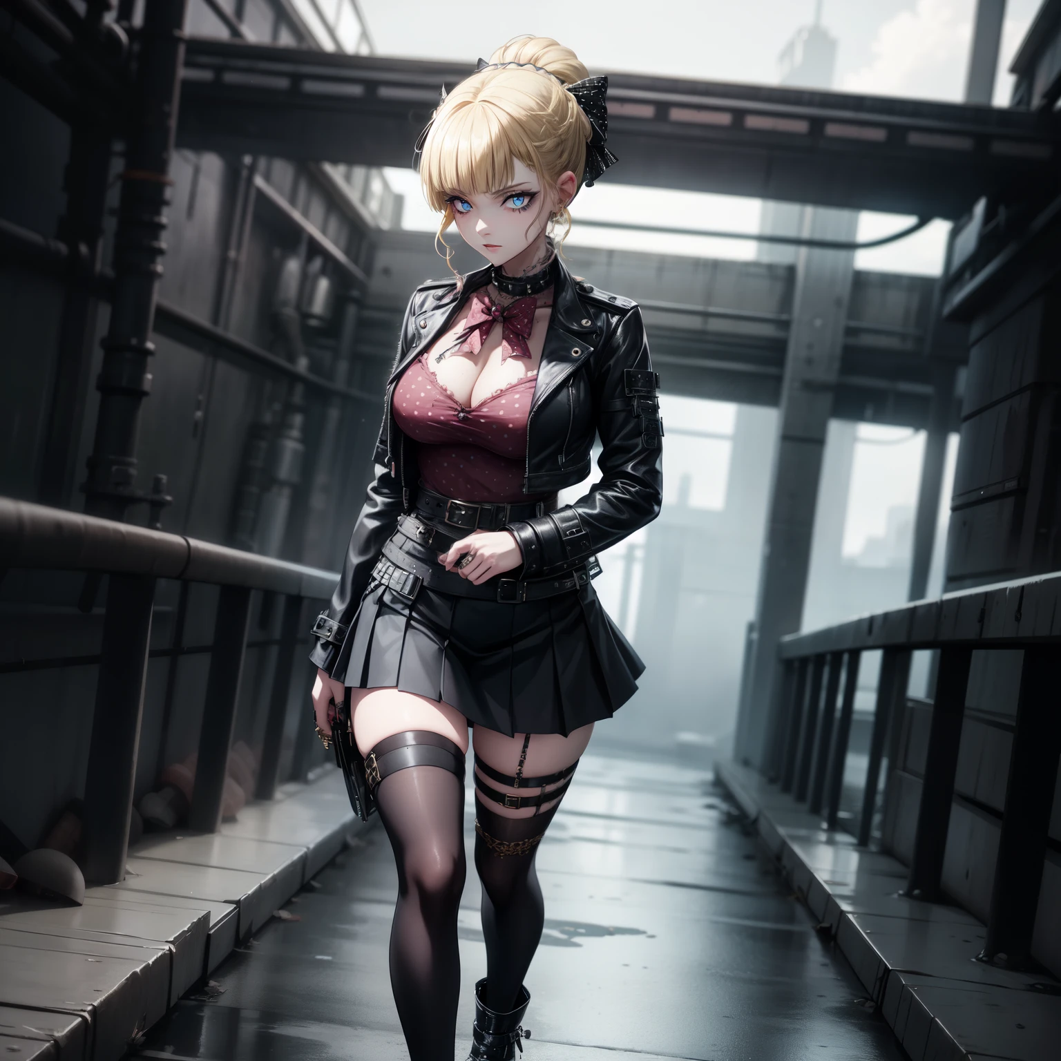 8k, arms behind back, full body, slim figure, medium bust, curvy girl model, 18 year old female model, Glowing blue eyes,Light gold eyelashes,Gradient pupil color,high-heels,Be red in the face, Dark skirt,seductiv,Charming,Pink polka dot bow,goldtrim,huge tit, beatrice1, A goth punk girl in a rugged, industrial setting, wearing a studded leather jacket and tulle skirt, with dramatic makeup and punk hair