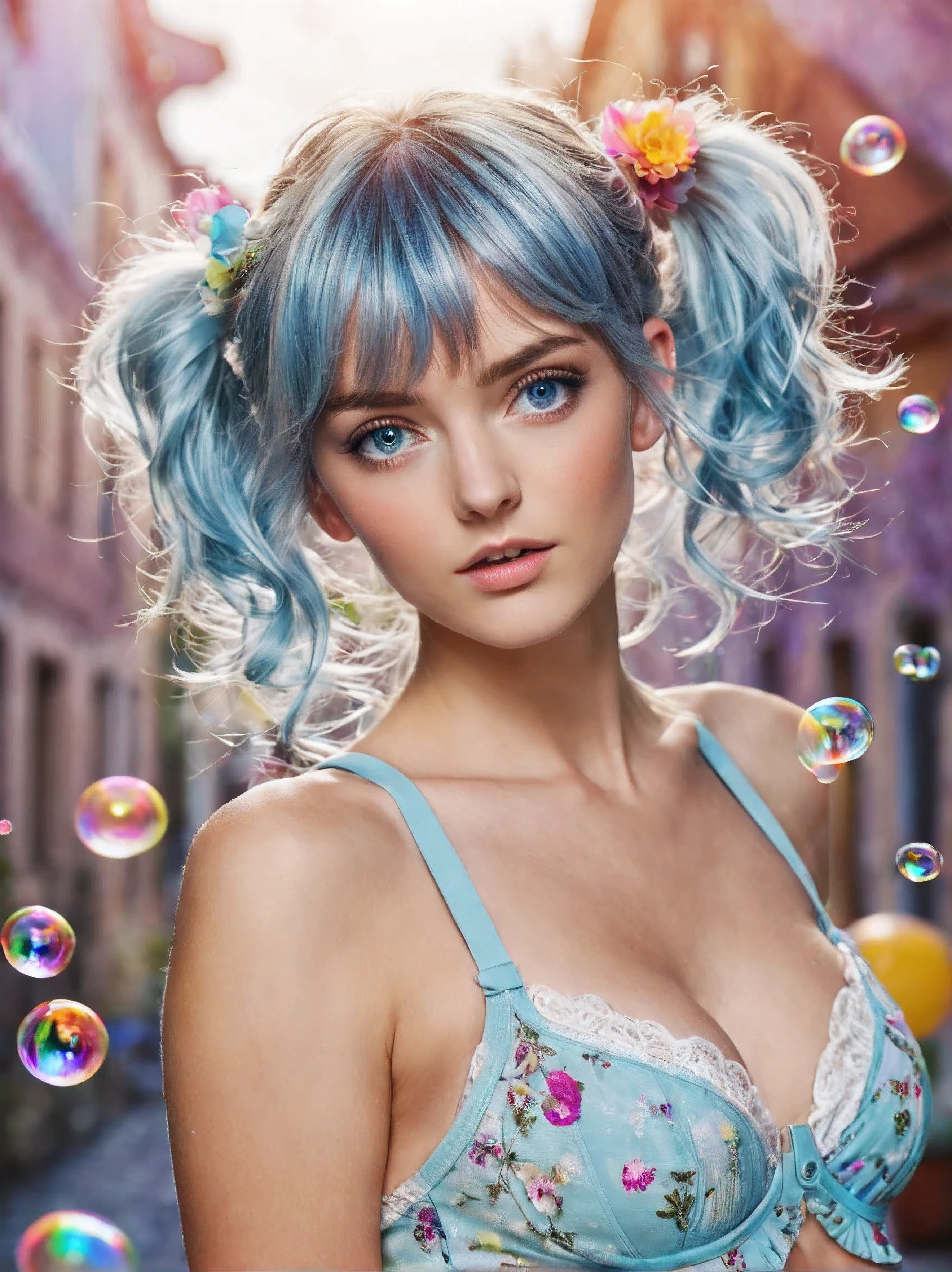 (masterpiece), (best quality), (ultra detailed),(disheveled hair),(illustration), (german-woman), (skimpy-clothing), standing, Fashion model, looking at viewer, (interview), (1850-Prussia-background),beautiful detailed eyes, delicate beautiful face, Floating,(high saturation),(colorful splashes),colorful bubble,(shining), focus on face, ponytail, , light blue hair, bangs, hair ring, floating flowers, floating hairs, (shining), best lighting, best shadow,