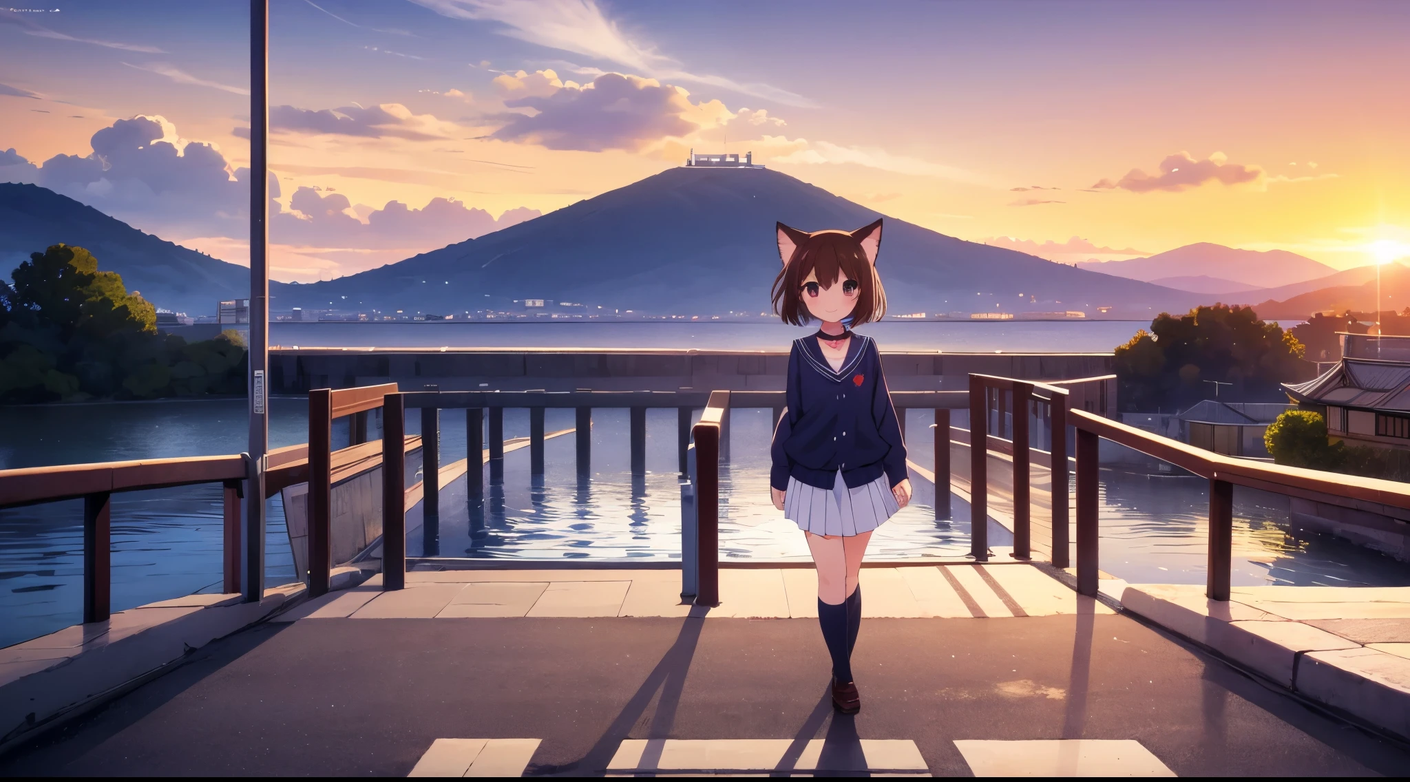 1 girl,brown hair, cat ears, pink lether choker , short hair ,school uniform,black cardigan ,chibi ,smile,kyoto, 秋,sunset ,walking