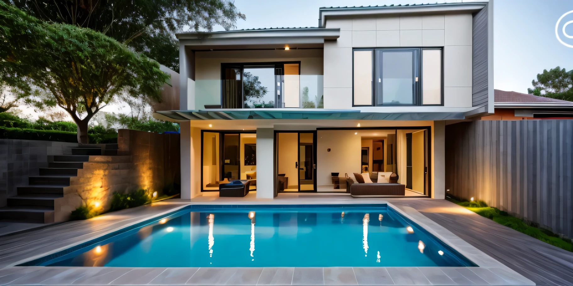 Exterior of house, (style vietnam:1.2), front yard, (stone and grass path :1.1), (pool in house:1.3), tree, sky, cloud, morning weather.