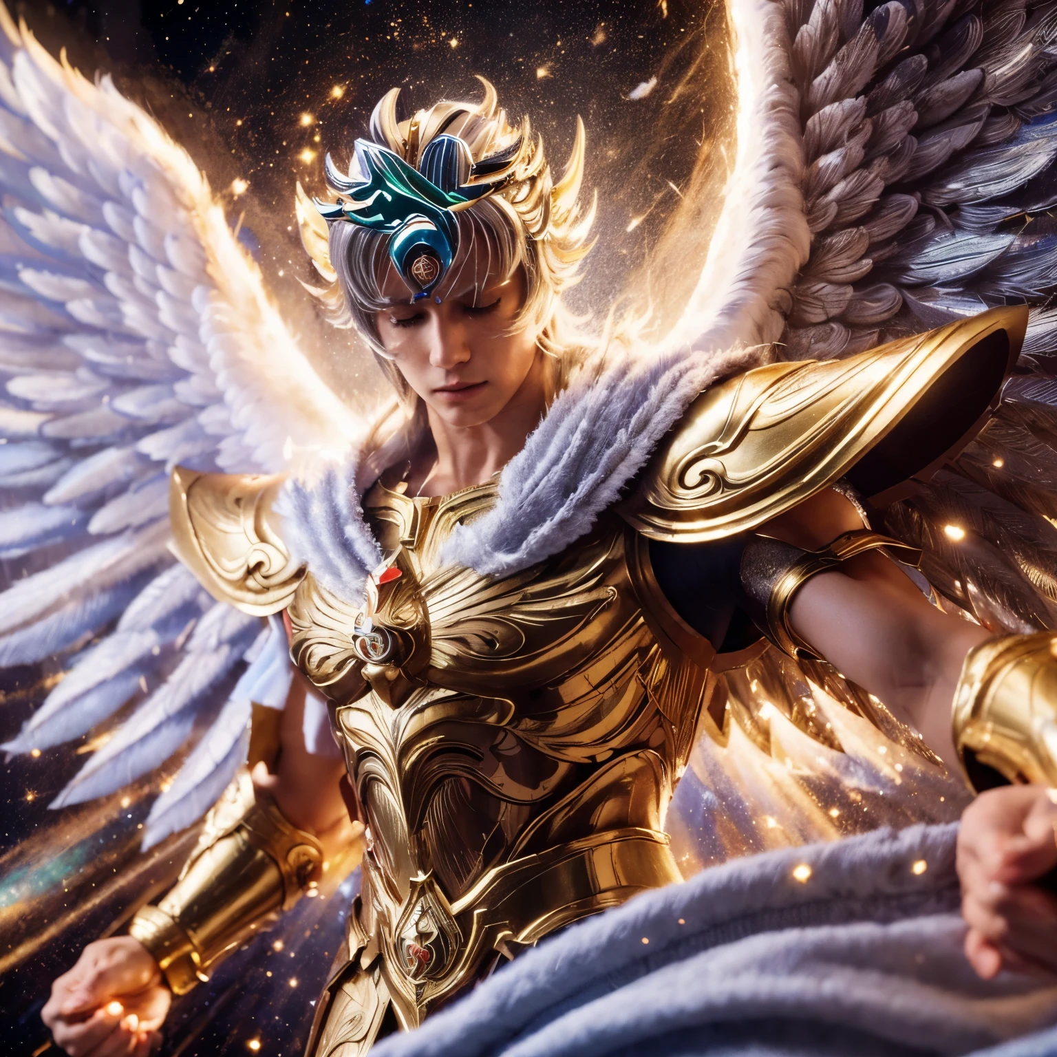 A photorealistic pegasus saint seiya, He wears the Pegasus Cloth, one of the 88 sacred armors that protect the Saints, and uses the Pegasus Meteor Fist, a powerful technique that unleashes a barrage of punches at the speed of light. (8K, best quality:1.2), (masterpiece:1.37), (high sharpness) Masterpiece, best quality, (highly detailed photo:1.1)