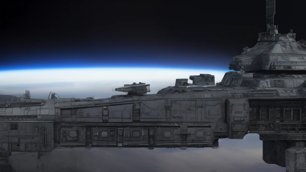 Um close up de uma nave espacial de batalha robusta bruta, Her are huge, equipped with cannons; , ela tem uma torre em cima, altos detalhes, Ultra realista, 8k intrigado
