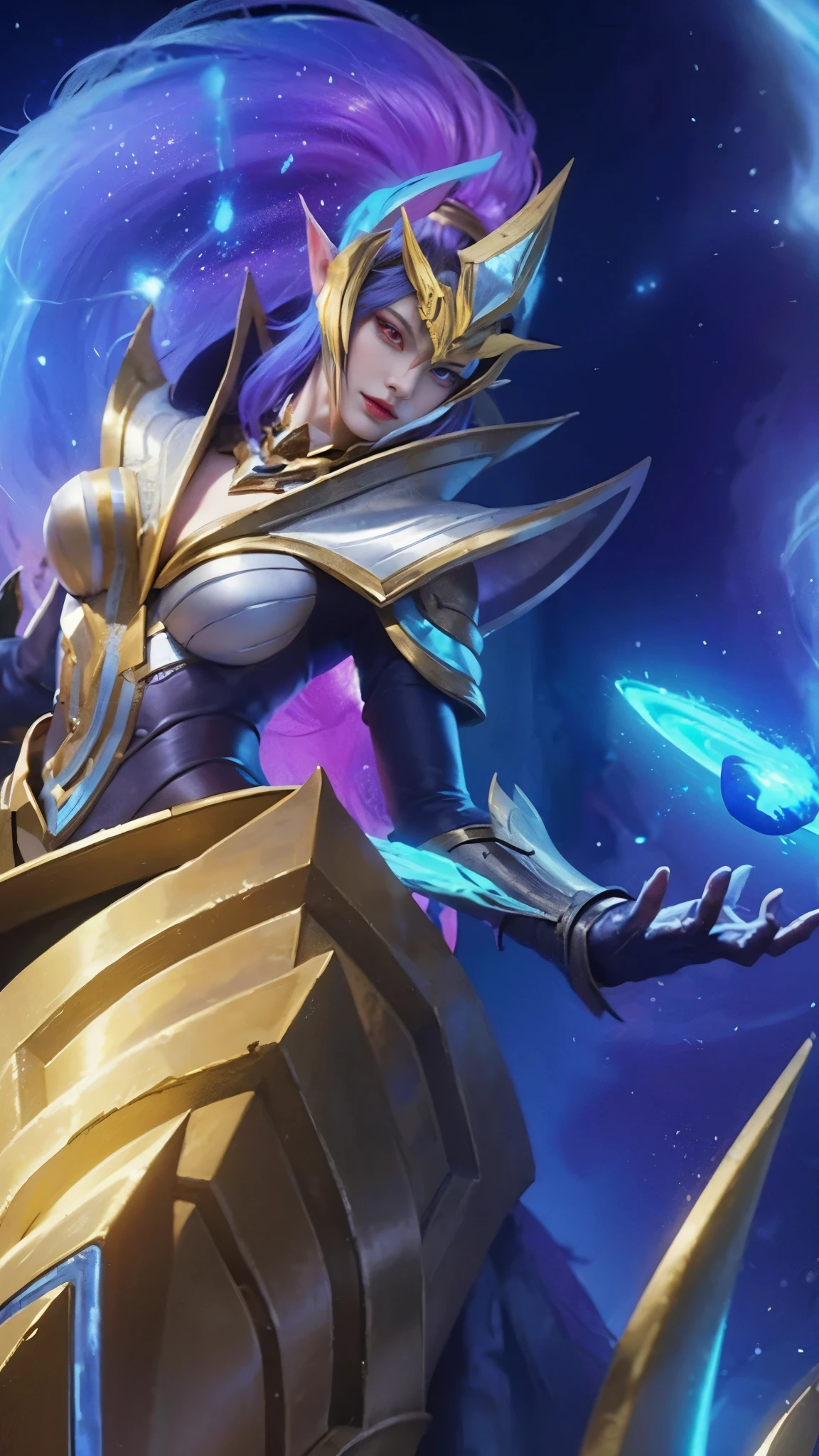 (female:1.2), 8k, ultra hd, ultra detailed texture, hyper realistic, masterpiece, detailed texture, detailed face, detailed skin, detailed lighting, (photorealistic:1.5), best quality, beautiful lighting, cinematic lighting, professional lighting, ultra highres, realistic, detailed hair, real hair, high quality, (realskin:1.5), extremely detailed, finely detail, ultra-detailed, 1girl, solo, elf, pointy ears, standing, demon horns, forehead protector, (red eyes:1.5), v-shapped eyebrow, lips, red lips, evil smile, nose, make up, pretty, beautiful, cute face, long hair, blue hair, high ponytail, large breasts, cleavage, armpit, navel, stomach, black armor, pauldrons, bare shoulders, shoulder armor, thigh high, sleevless, detached sleeves, breastplate, gauntlets, karina \(mobile legends\), depth of field, looking aways, white skin, skin tight, amazing pose, outdoors, glowing, dark view.