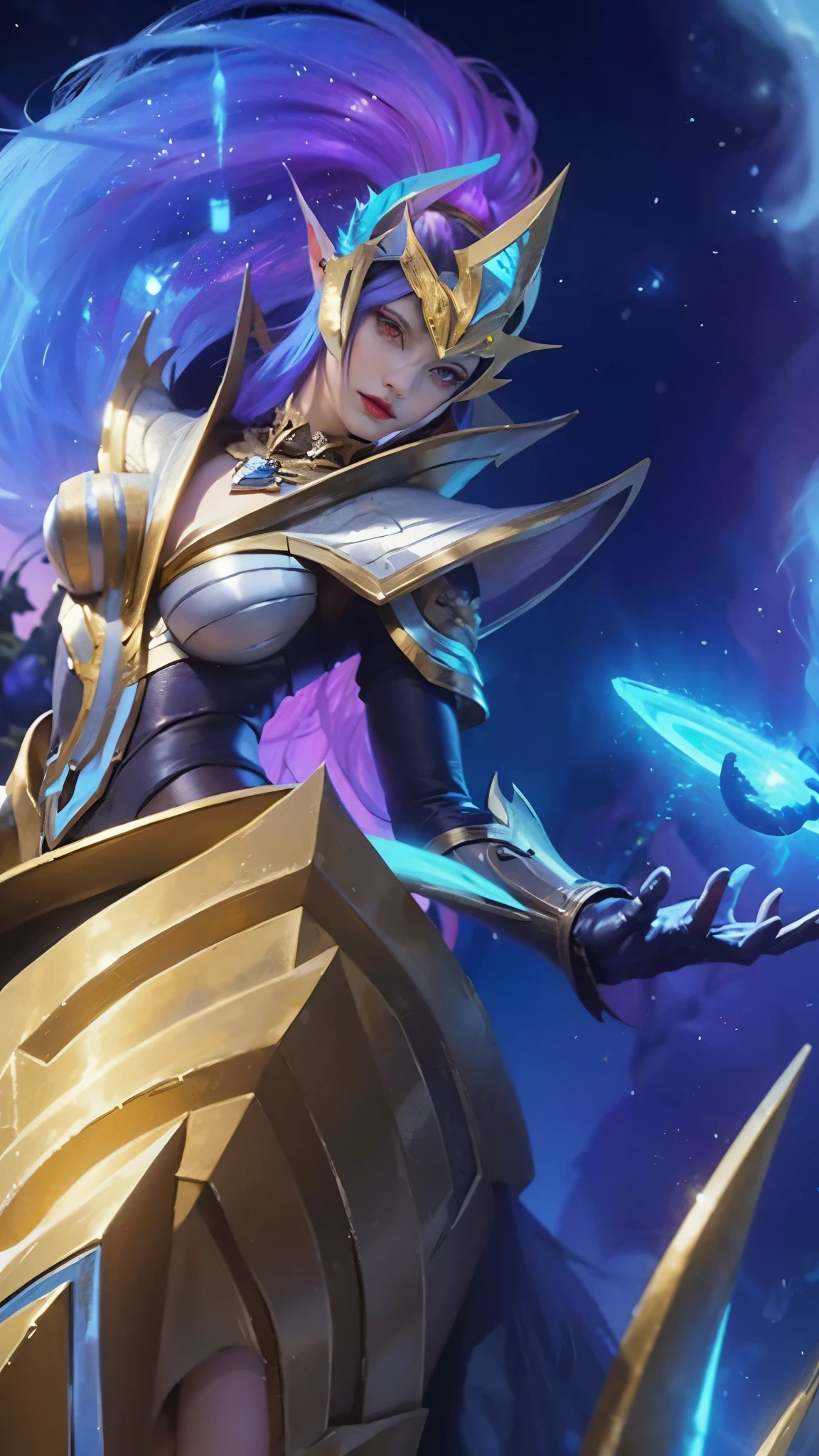 (female:1.2), 8k, ultra hd, ultra detailed texture, hyper realistic, masterpiece, detailed texture, detailed face, detailed skin, detailed lighting, (photorealistic:1.5), best quality, beautiful lighting, cinematic lighting, professional lighting, ultra highres, realistic, detailed hair, real hair, high quality, (realskin:1.5), extremely detailed, finely detail, ultra-detailed, 1girl, solo, elf, pointy ears, standing, demon horns, forehead protector, (red eyes:1.5), v-shapped eyebrow, lips, red lips, evil smile, nose, make up, pretty, beautiful, cute face, long hair, blue hair, high ponytail, large breasts, cleavage, armpit, navel, stomach, black armor, pauldrons, bare shoulders, shoulder armor, thigh high, sleevless, detached sleeves, breastplate, gauntlets, karina \(mobile legends\), depth of field, looking aways, white skin, skin tight, amazing pose, outdoors, glowing, dark view.