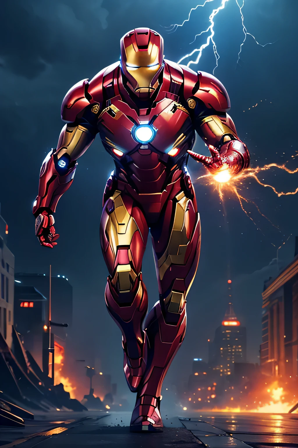 `(best quality,highres,masterpiece:1.2),ultra-detailed,(realistic:1.37),iron man,upgraded super tech armor,,advanced weaponry,reflective metal surface,high-tech gadgets,iron suit,mechanical components,flying,explosions,MARVEL superhero,sci-fi,action,cityscape backdrop,dynamic pose,vivid colors,battle,lightning effects,ultra-fine painting,physically-based rendering,studio lighting`