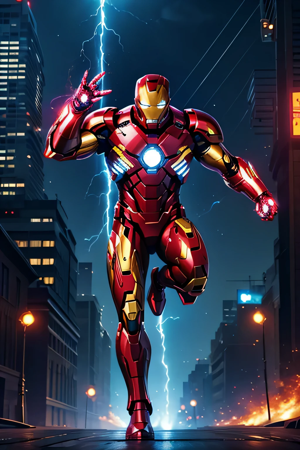 `(best quality,highres,masterpiece:1.2),ultra-detailed,(realistic:1.37),iron man,upgraded super tech armor,,advanced weaponry,reflective metal surface,high-tech gadgets,iron suit,mechanical components,flying,explosions,MARVEL superhero,sci-fi,action,cityscape backdrop,dynamic pose,vivid colors,battle,lightning effects,ultra-fine painting,physically-based rendering,studio lighting`