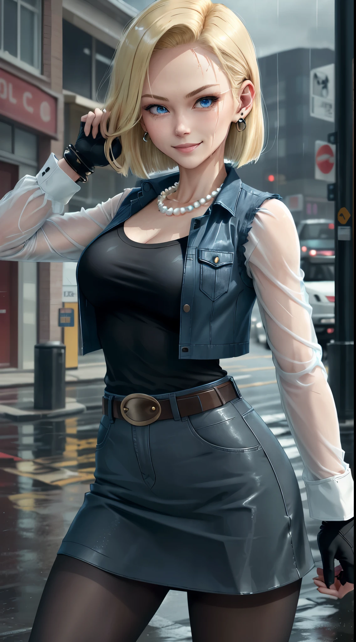 best quality, highres, and18, 1girl, android 18, solo, blonde hair, blue eyes, belt, demin skirt, pearl_necklace, bracelet, black gloves, black shirt, short hair, long sleeves, earrings, blue skirt, open vest, denim vest, medium breasts, cowboy shot, street, straight-on, (weather: raining), wet clothes, sexy smile, barren battlefield, combat mode, full length pantyhose,