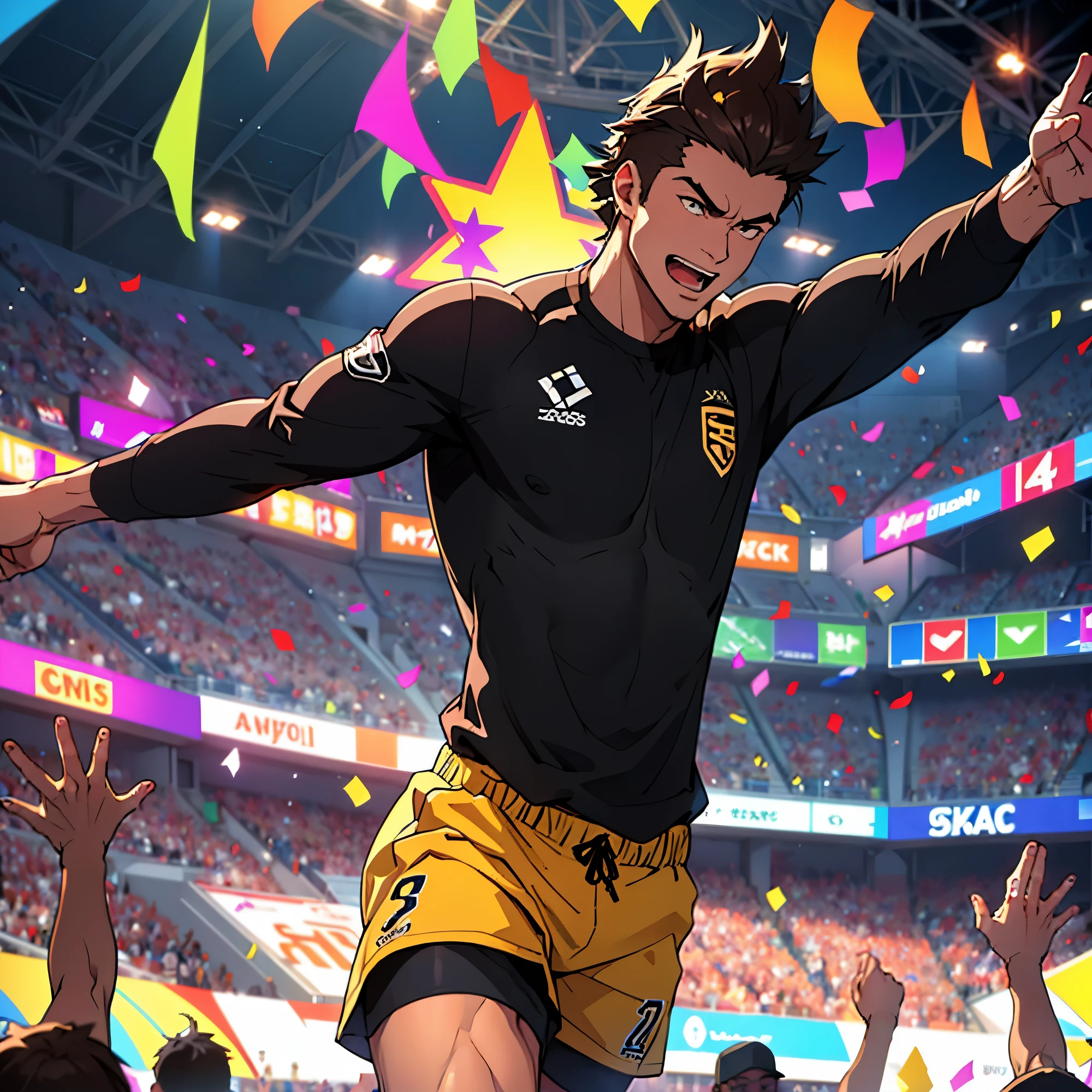 In the heart of a bustling stadium, a man with dark hair and a muscular build kicks a soccer ball with all his might into the goal. His black shirt is stretched taut, and an intricate tattoo adorns his left arm. Surrounding him, the stadium comes alive with the lively atmosphere of a high-quality, 4k, ultra-detailed rendering. Realistic and photorealistic lighting casts an energized glow over the crowded scene, with waving flags, cheering audience, and flying confetti enhancing the magnificent moment. Blurred motion adds to the intensity of the competition, while sharp focus and vivid colors bring out the concept artists' lively atmosphere. The endless