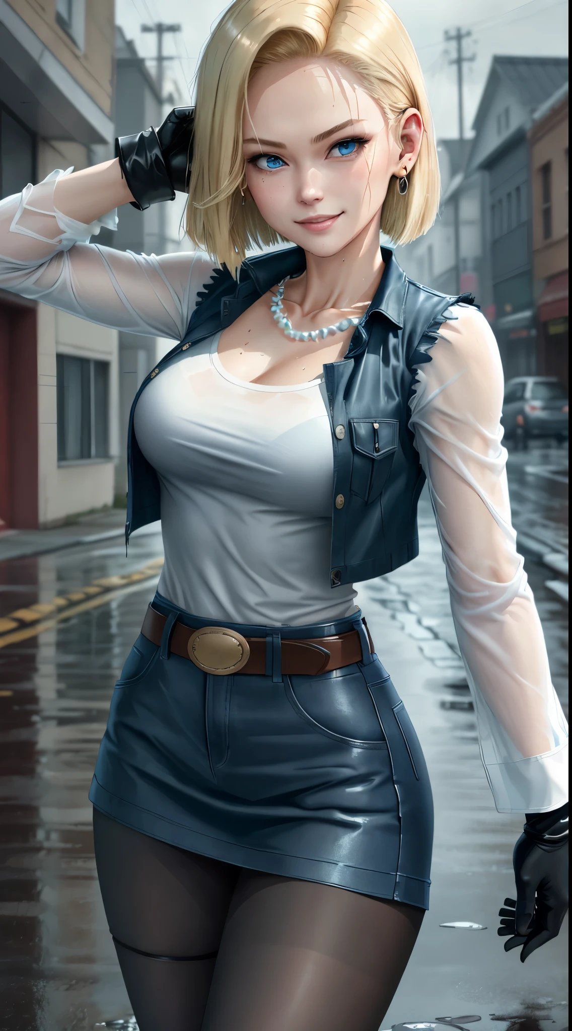 best quality, highres, and18, 1girl, android 18, solo, blonde hair, blue eyes, belt, demin skirt, pearl_necklace, bracelet, black gloves, black shirt, short hair, long sleeves, earrings, blue skirt, open vest, denim vest, medium , cowboy shot, street, straight-on, (weather: raining), wet clothes, sexy sm, barren battlefield, combat mode, full length pantyhose,