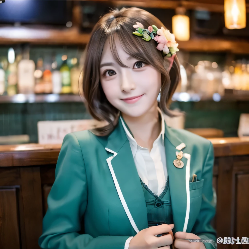 ((muste piece)), ((best quality)), (Super detailed), anime style etc., bar counter, pretty girl, 1 girl, solo, Suits 00, ((beautiful eyes))0, shy smile