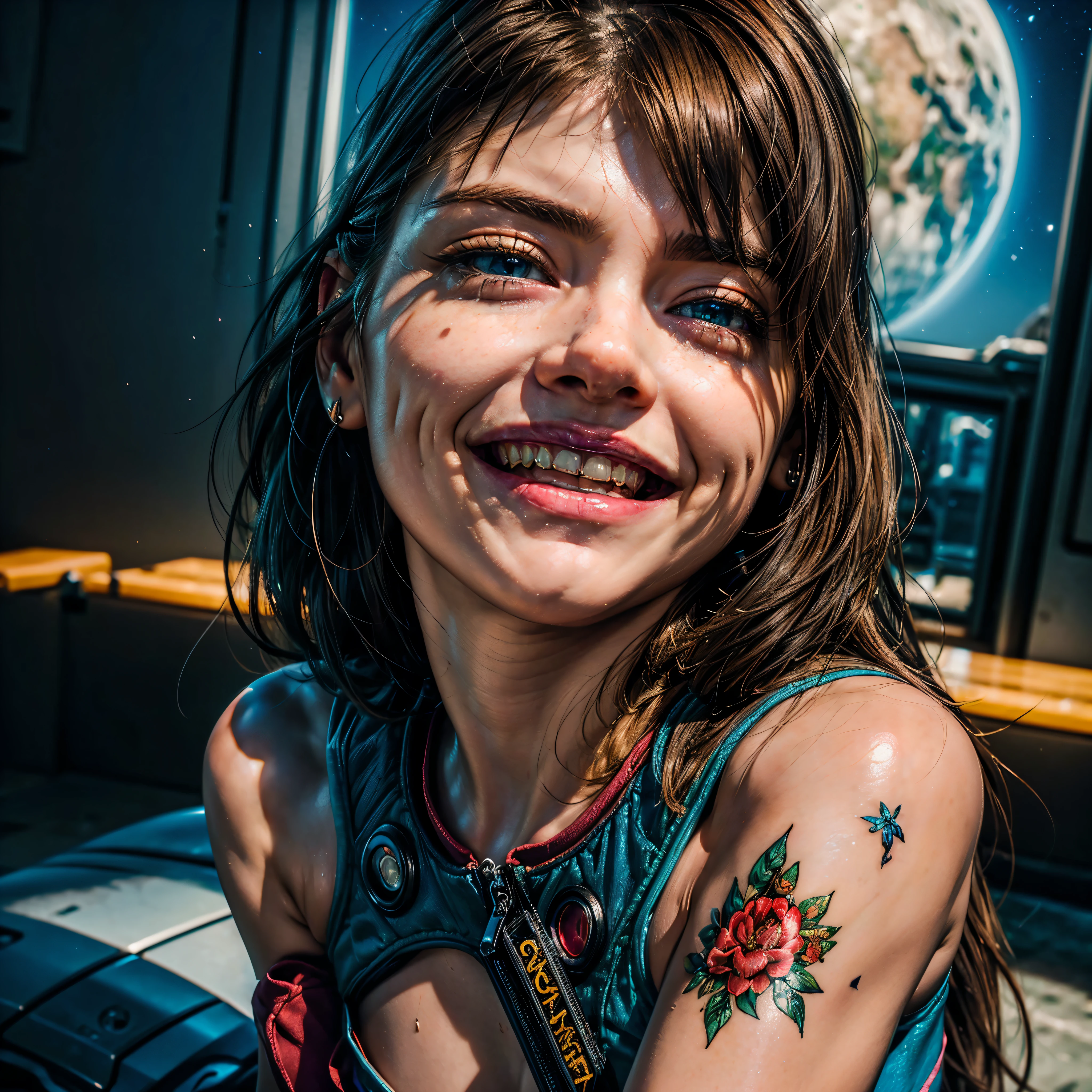 ((UnrealEngine5 epic masterpiece, ultra best quality, detailed, ultra sharpness focus, ultra high-res, ultra high-def, UHD, HDR, vibrant DSLR vivid moonset)), colerful lighting, Evelyn Celebrian, blackess elf fw.evelyn tanmed epic eyes breasts pubic tattoo, looking at viewer, Epic Cute, Eiffel reflection varies multi etc. --v 6 --s 1000 --c 20 --q 20 --chaos 100