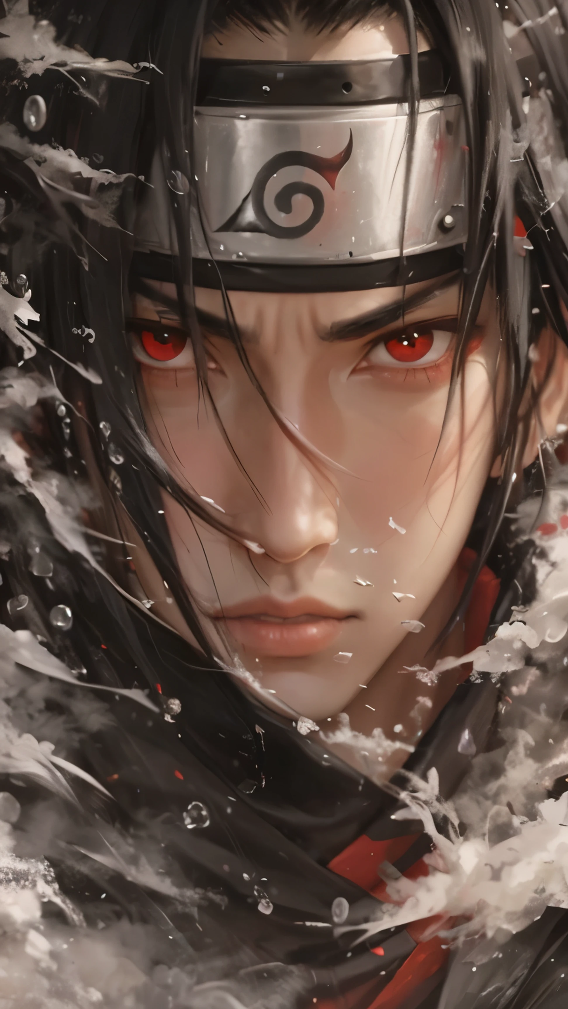 a close up of a person with a red eye and a black hair, itachi uchiha, itachi, madara uchiha, sasuke uchiha, his eyes are bleeding intense, itatchi uchiha, from naruto, by Yang J, clean detailed face photography art, his eyes are red and glowing, advanced digital face photography art ”, serene expression, hyper-realistic