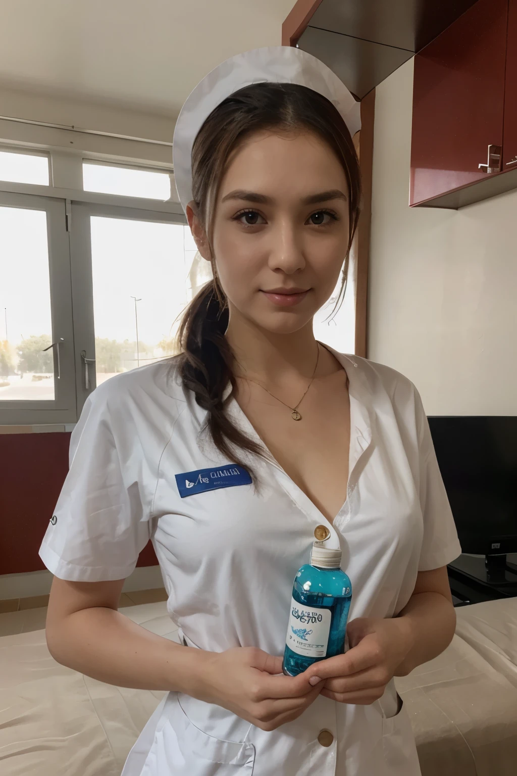 a beautiful nurse from Kazakhstan holds a bottle of medicine in her hands